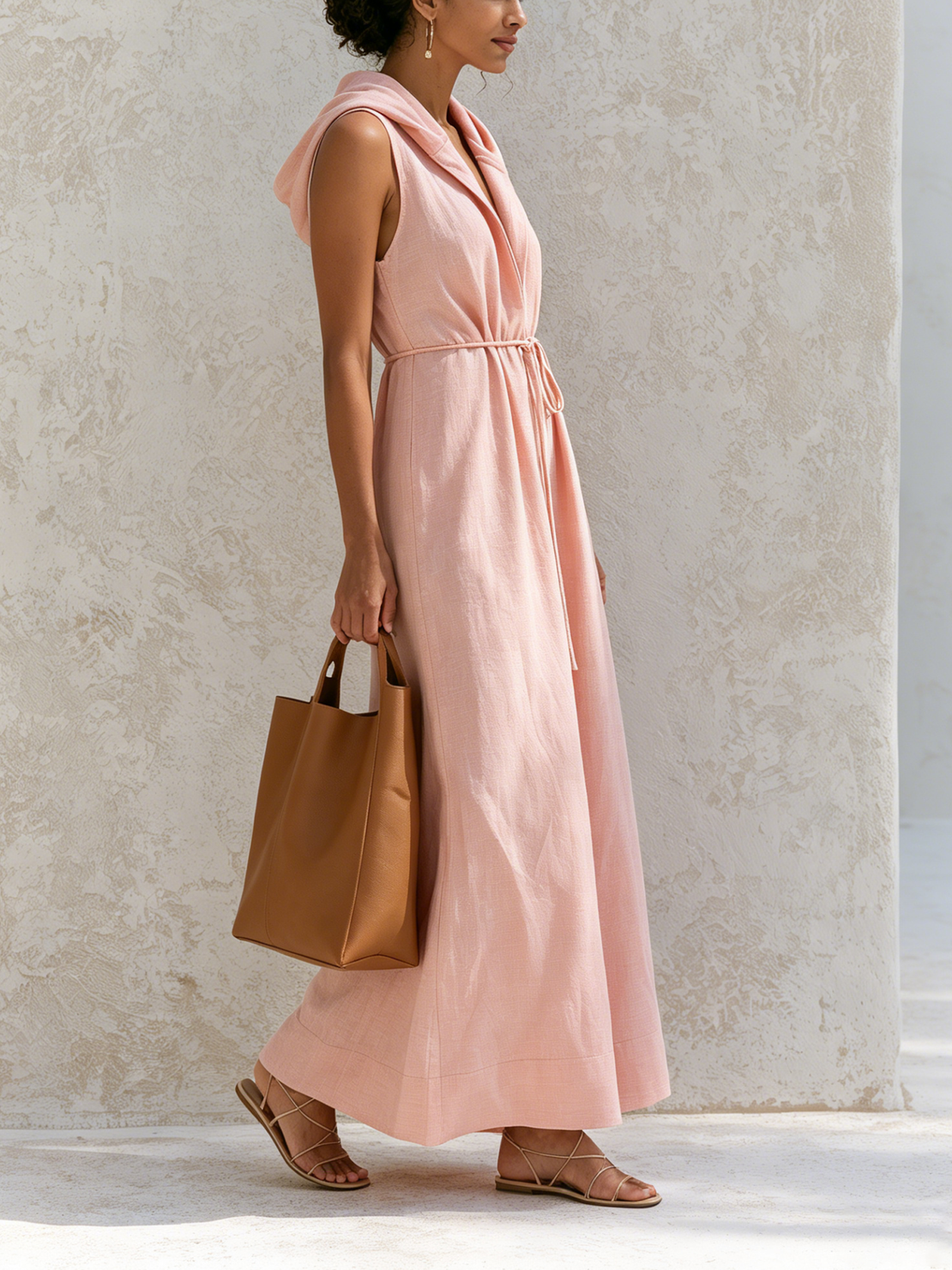 Women’s Pink Resort Linen-Blend Hooded V-Neck Sleeveless Relaxed Maxi Dress