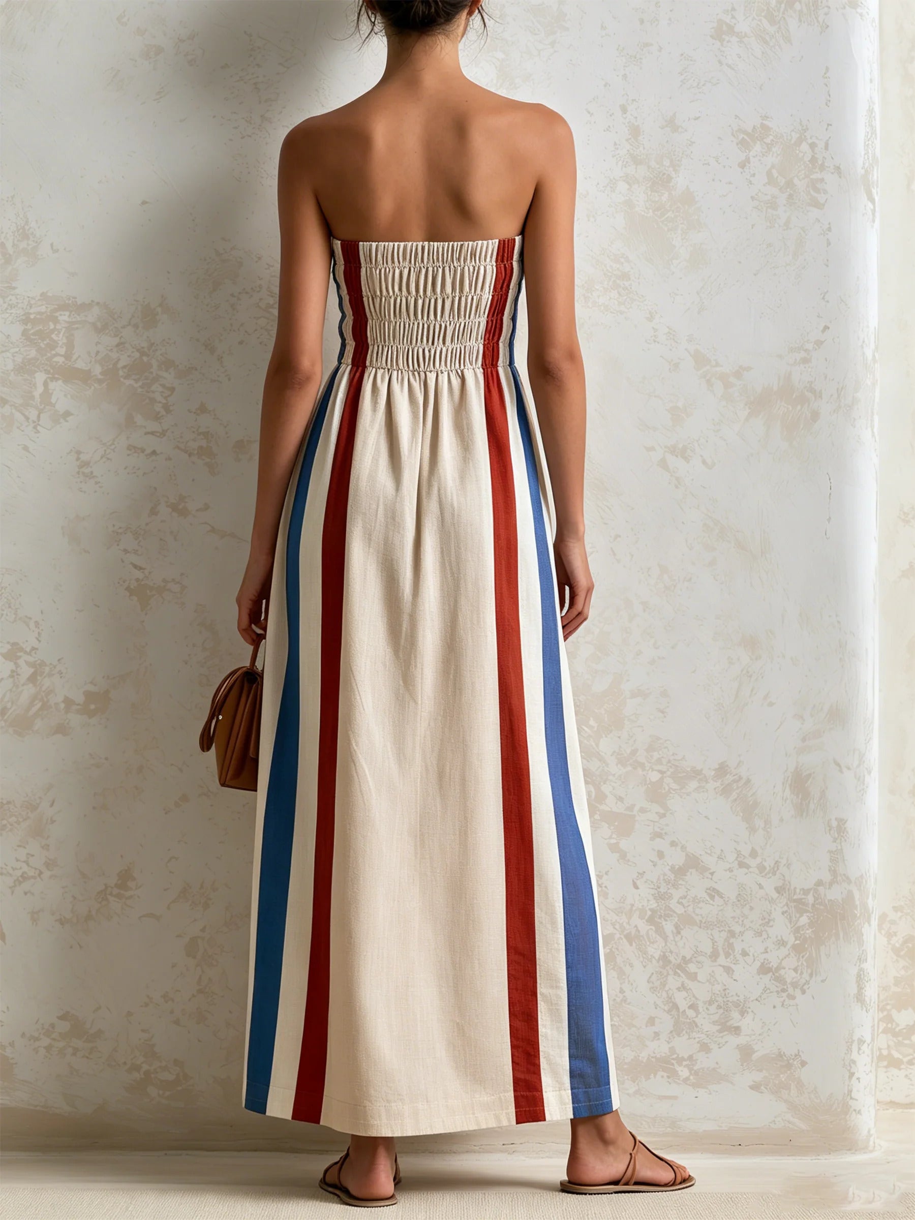 Women’s Multi-Color Resort Linen Blend Strapless Sleeveless Relaxed Maxi Dress