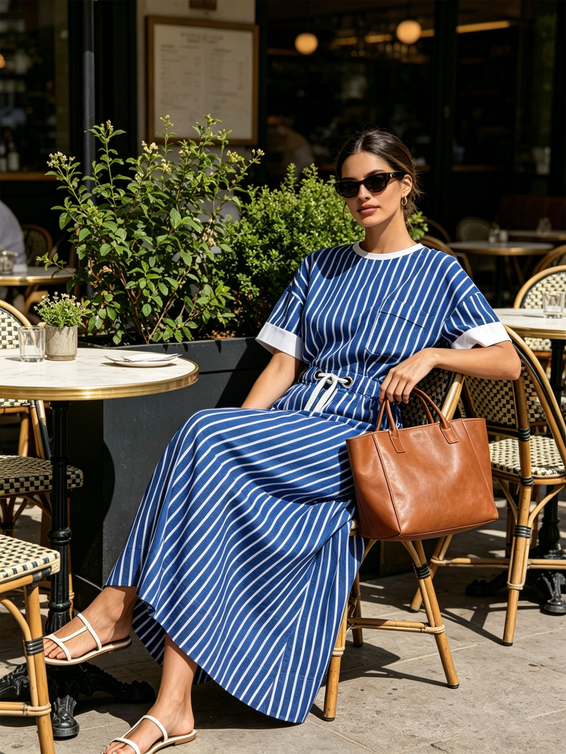 Women’s Royal Blue Nautical Linen-Blend Vertical Stripe Crew Neck Contrast Cuff Drawstring Waist Maxi Dress