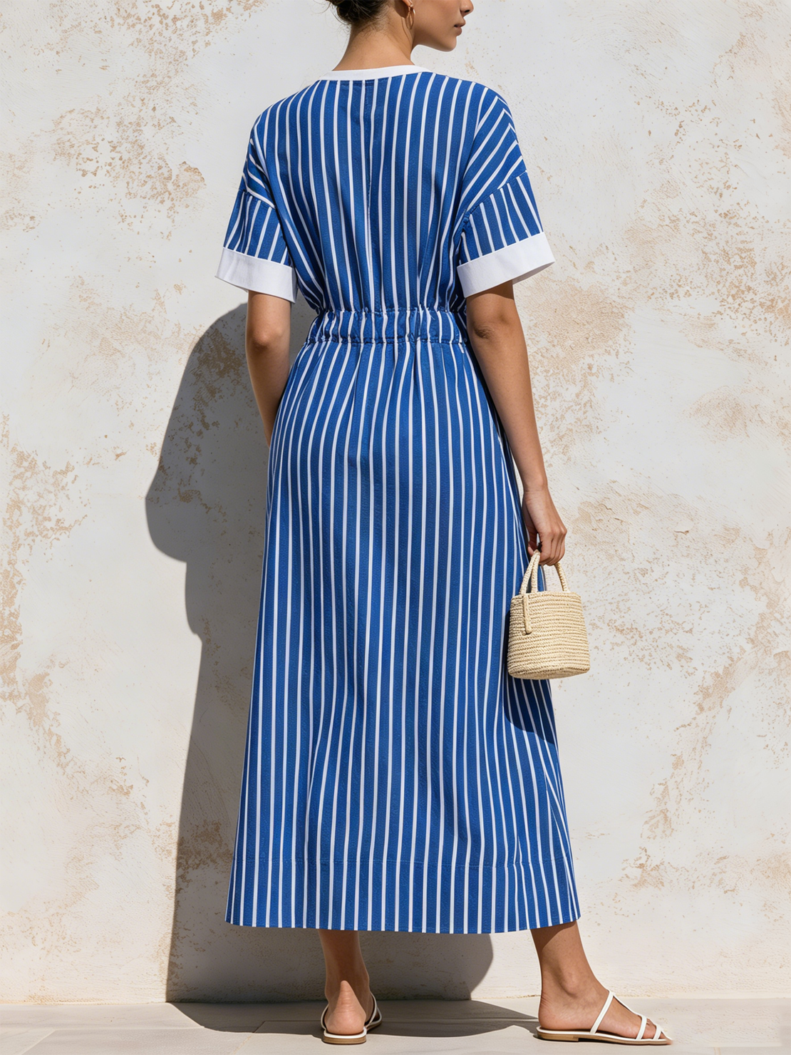 Women’s Royal Blue Nautical Linen-Blend Vertical Stripe Crew Neck Contrast Cuff Drawstring Waist Maxi Dress