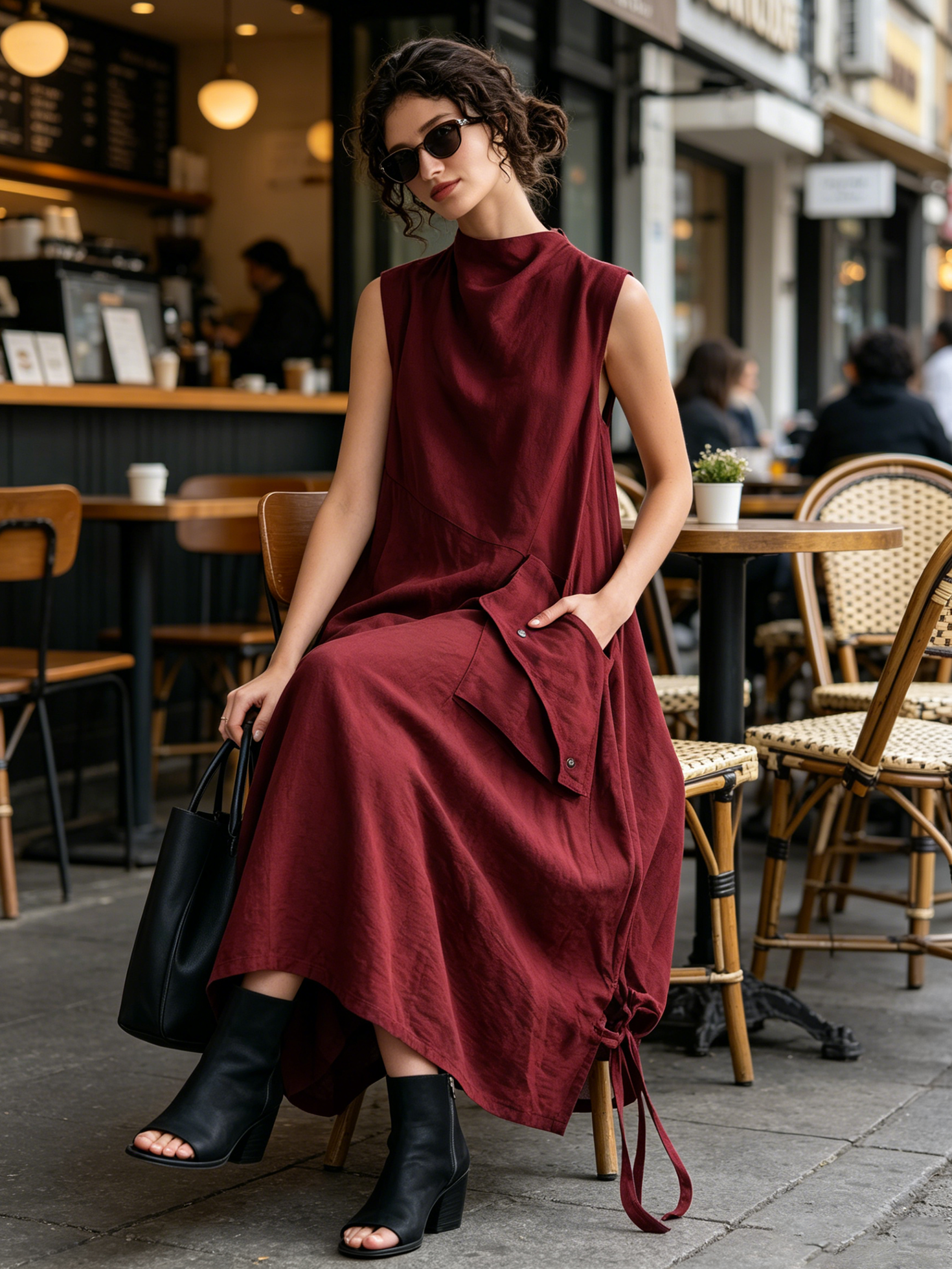 Women’s Burgundy Artistic Linen-Cotton Draped High Neck Sleeveless Loose Midi Dress With Side Drawstring & Snap Flap Pockets