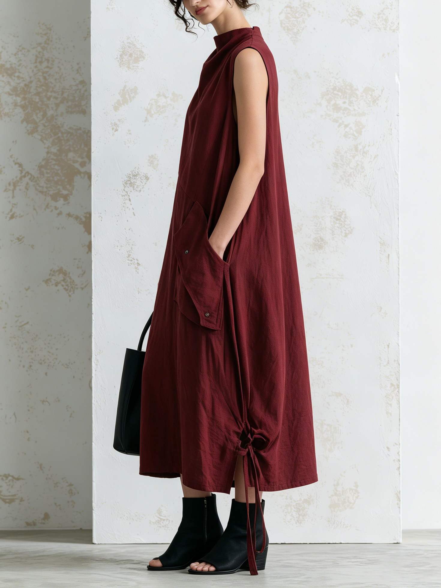 Women’s Burgundy Artistic Linen-Cotton Draped High Neck Sleeveless Loose Midi Dress With Side Drawstring & Snap Flap Pockets