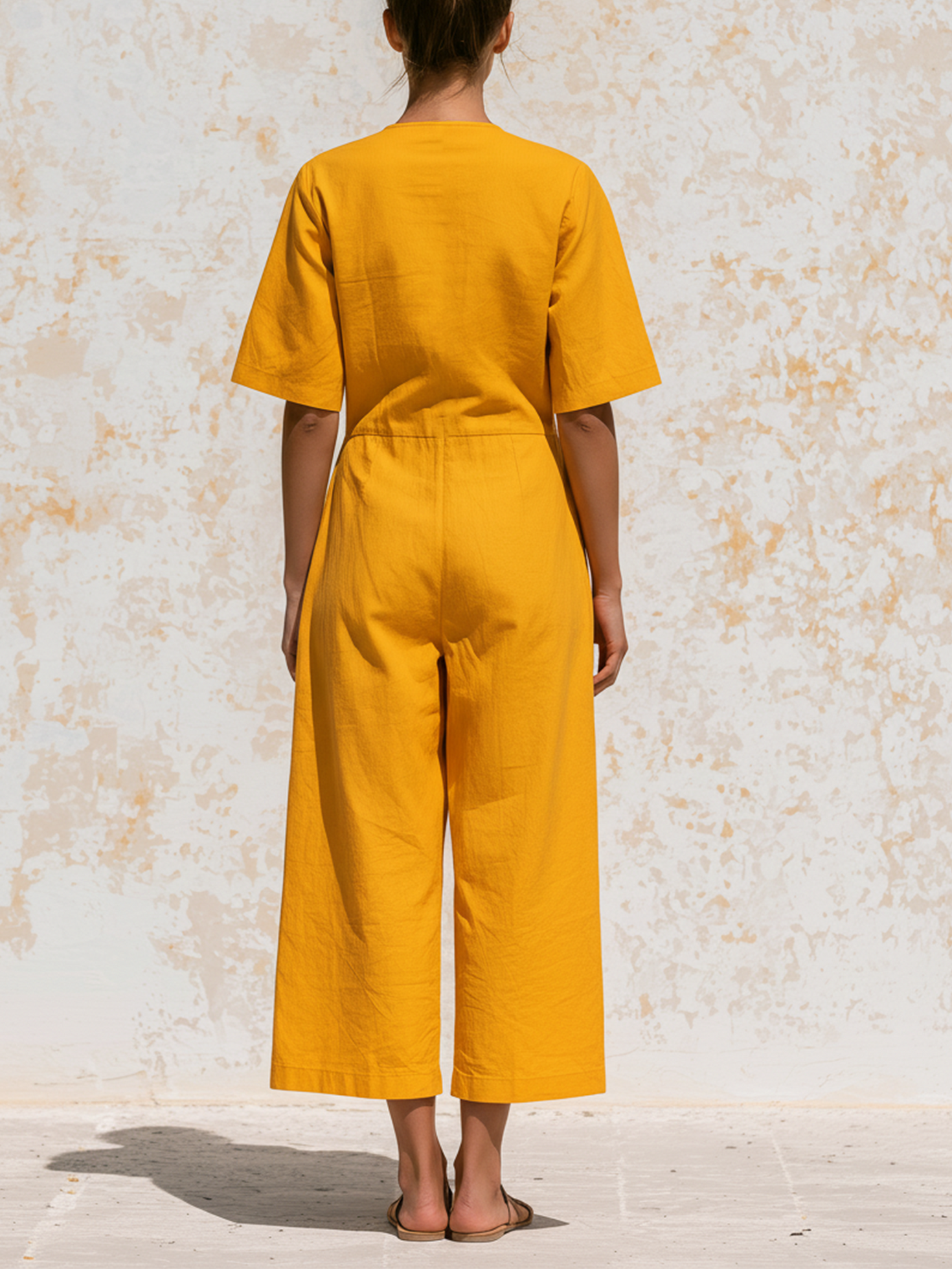 Women’s Yellow Utility Cotton Poplin Round Neck Short Sleeve Regular Cropped Wide-Leg Jumpsuit with Front Zip and Patch Pockets
