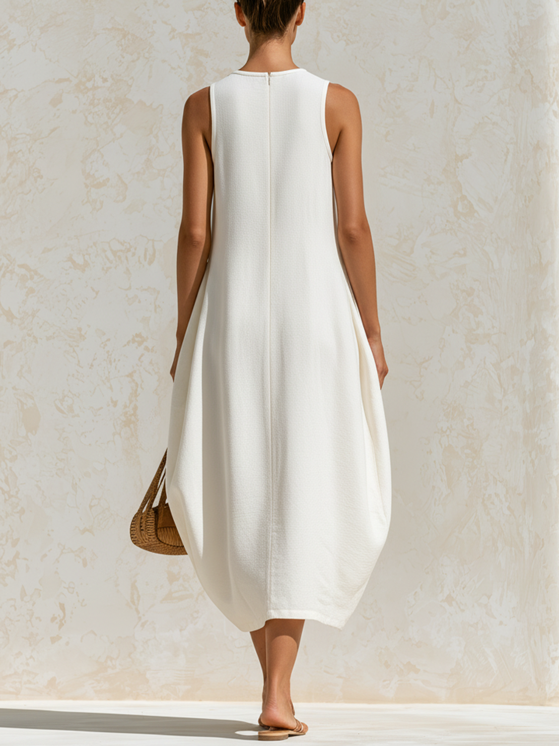 Women’s Off White Resort Linen-Blend Round-Neck Sleeveless Relaxed Bubble Midi Daily Dress