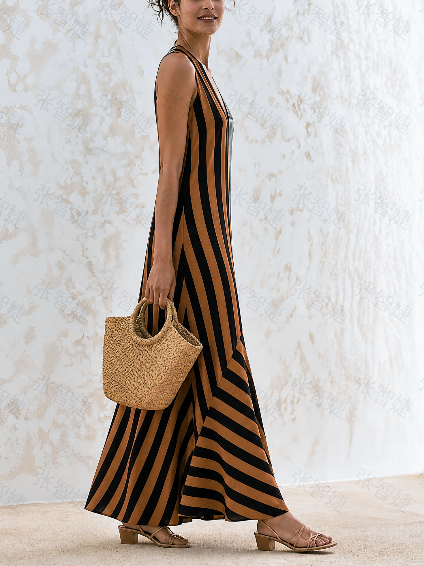 Women’s Brown Resort Smooth Woven V-Neck Sleeveless Loose Maxi Dress with Color Block Striped Design