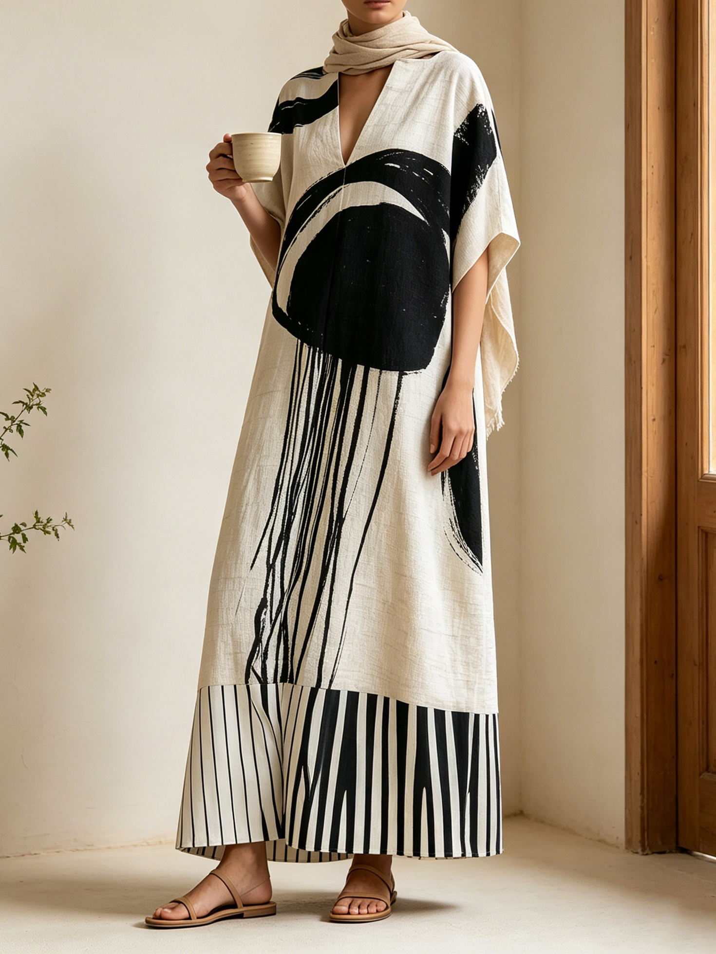 Women’s Beige Artistic Linen Blend Split V-Neck Batwing Sleeve Loose Maxi Kaftan Dress with Abstract Brushstroke Print