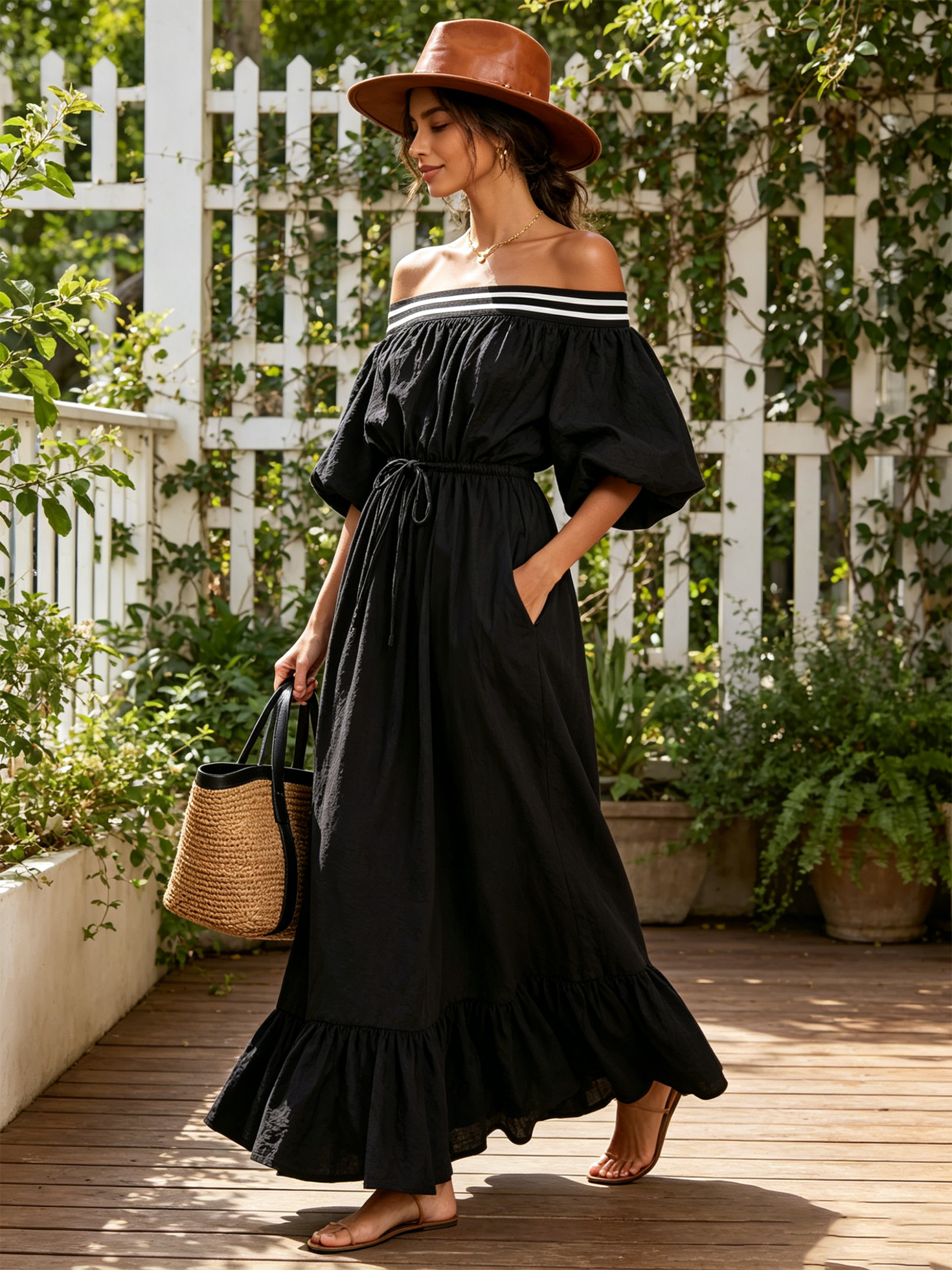 Women’s Black Resort Crinkled Woven Off-Shoulder Puff Sleeve Loose Maxi Dress with Striped Ruffle Hem