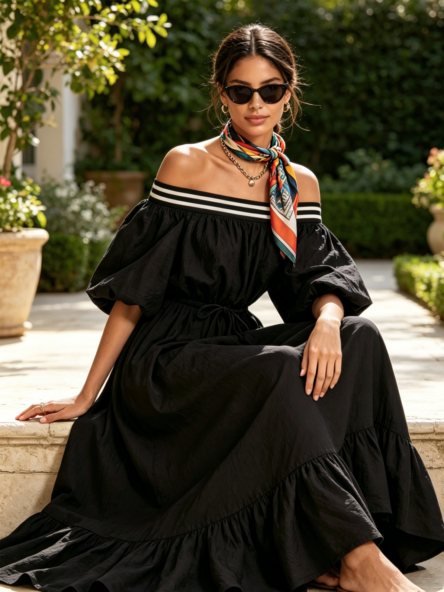 Women’s Black Resort Crinkled Woven Off-Shoulder Puff Sleeve Loose Maxi Dress with Striped Ruffle Hem