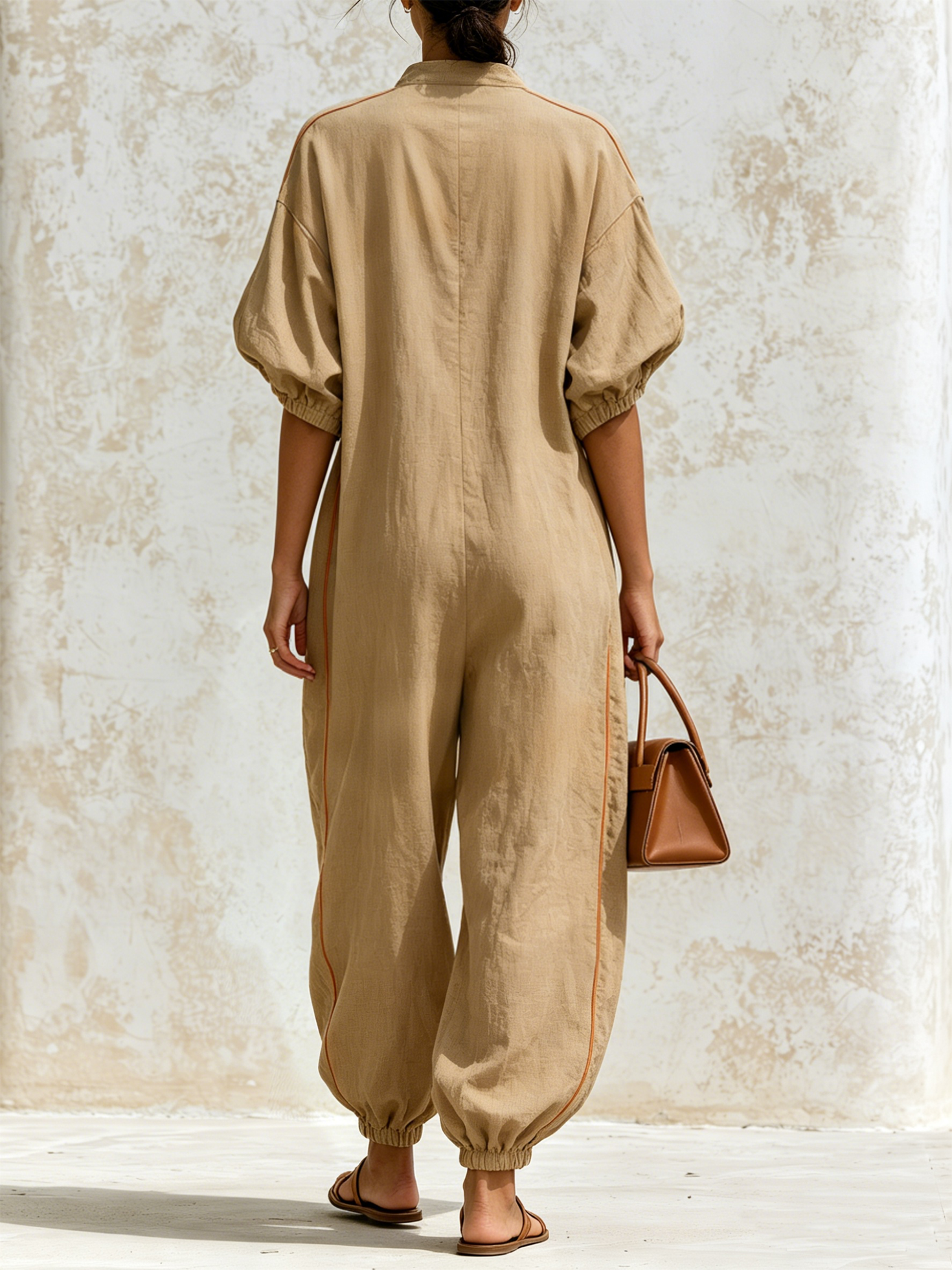 Women’s Khaki Safari Linen-Cotton Mandarin Collar Half-Button Balloon Sleeve Oversized Contrast Piping Jogger Jumpsuit