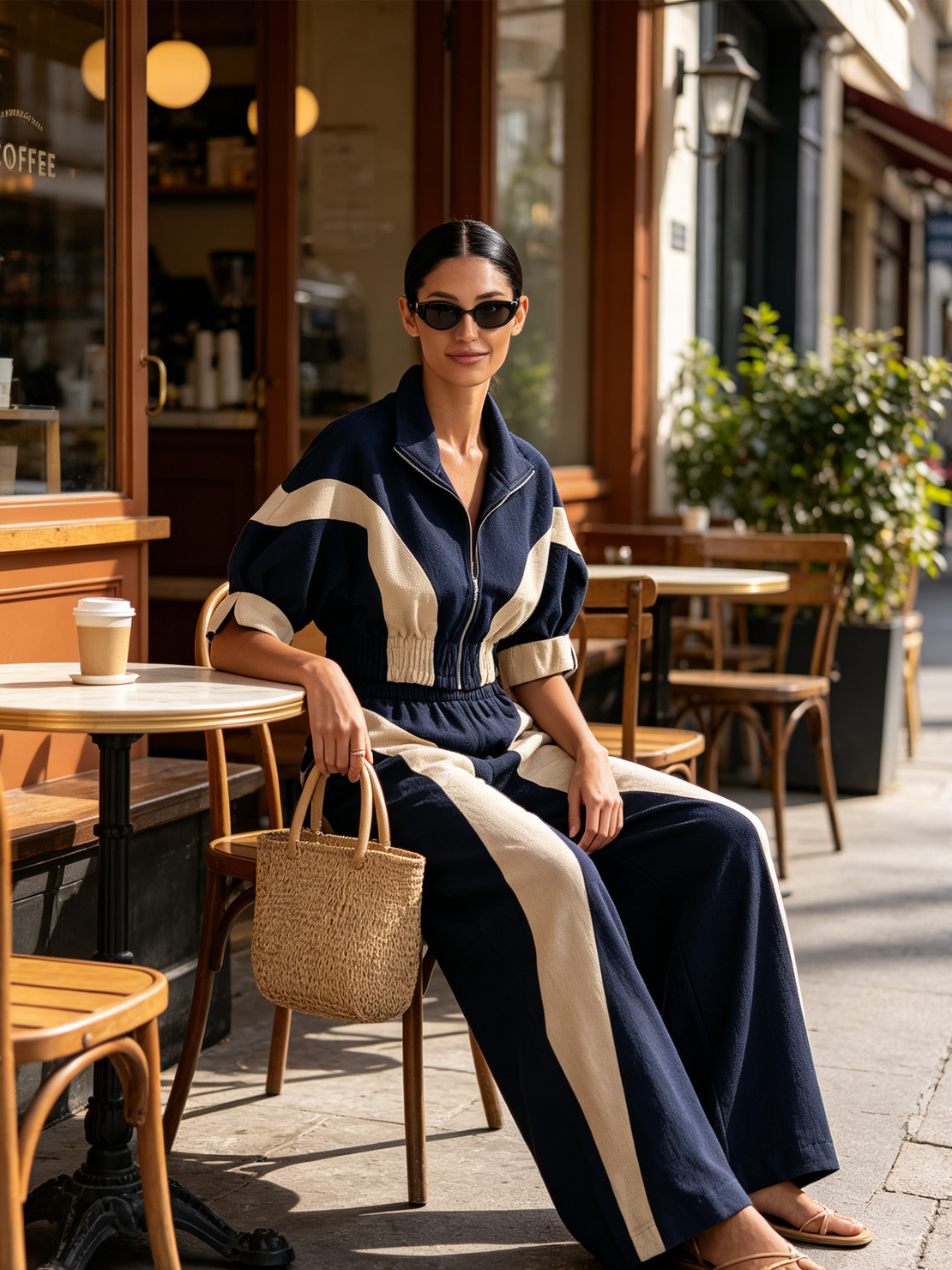 Women’s Navy Retro Sporty Linen-Blend Stand Collar Full-Zip Cropped Color Block 2-Piece Wide Leg Pants Set