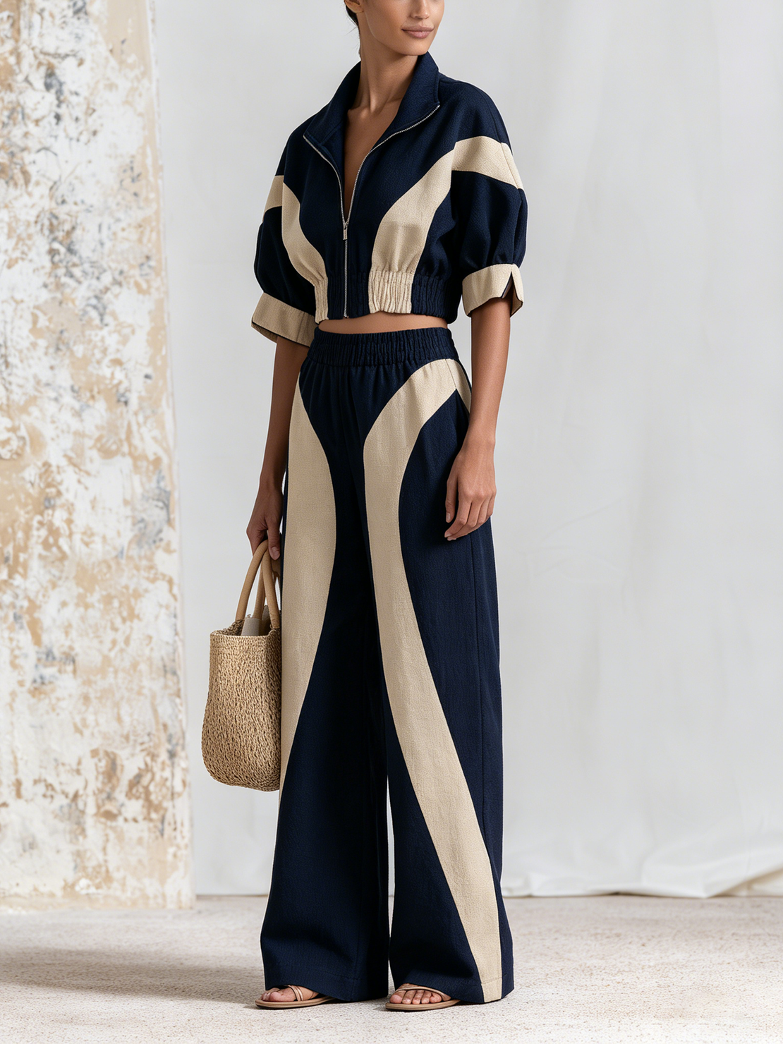 Women’s Navy Retro Sporty Linen-Blend Stand Collar Full-Zip Cropped Color Block 2-Piece Wide Leg Pants Set