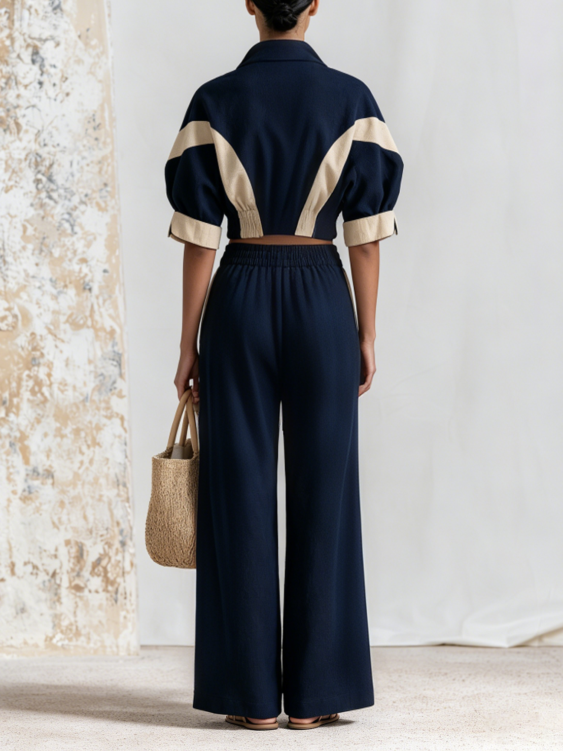 Women’s Navy Retro Sporty Linen-Blend Stand Collar Full-Zip Cropped Color Block 2-Piece Wide Leg Pants Set