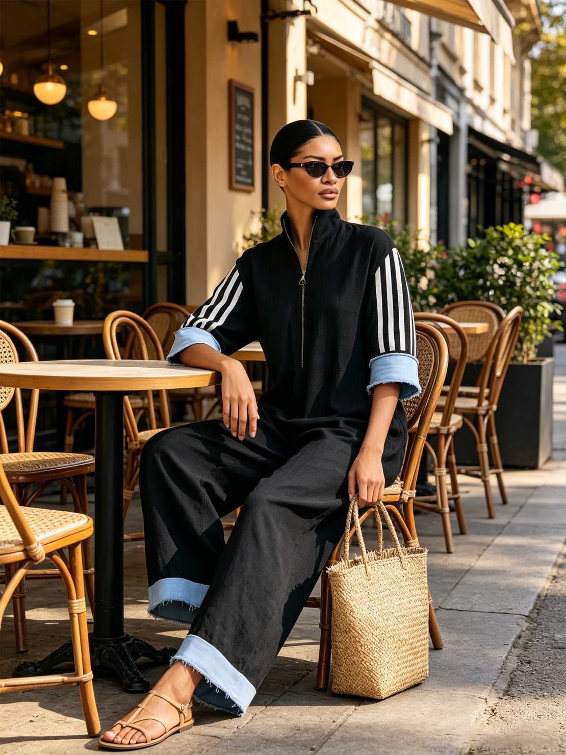 Women’s Black Sporty Linen-Blend Stand Collar Half-Zip Elbow Striped Loose Wide-Leg Full-Length Jumpsuit With Frayed Denim Cuffs