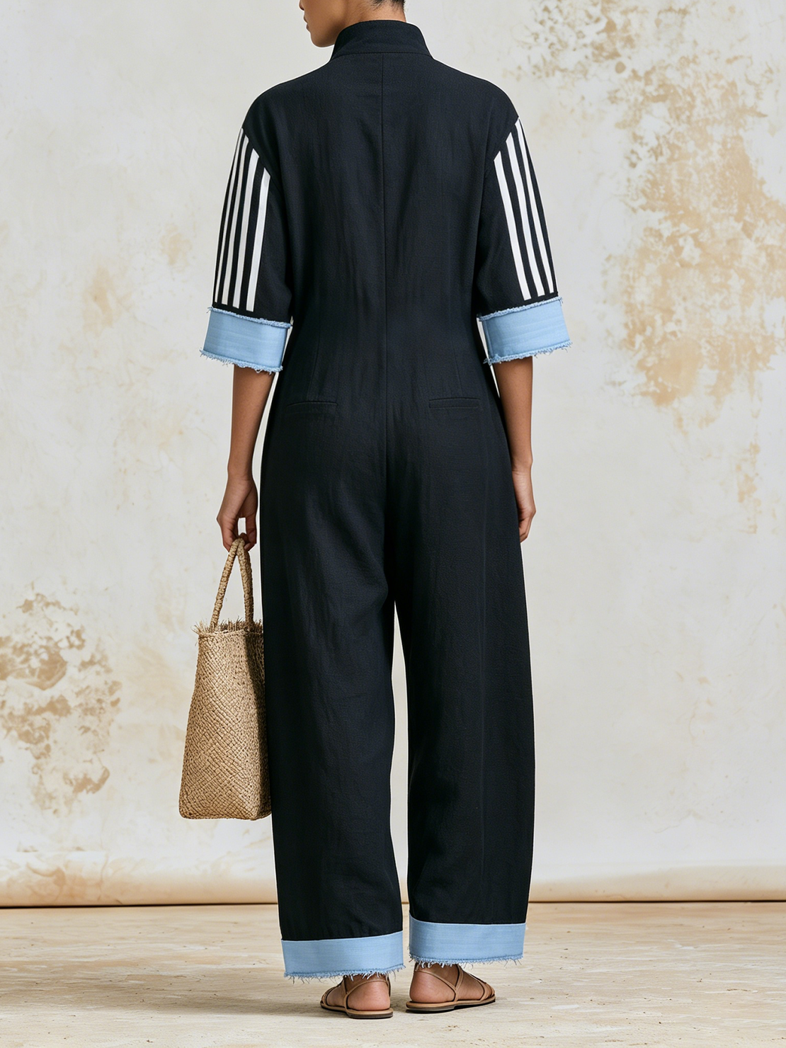 Women’s Black Sporty Linen-Blend Stand Collar Half-Zip Elbow Striped Loose Wide-Leg Full-Length Jumpsuit With Frayed Denim Cuffs
