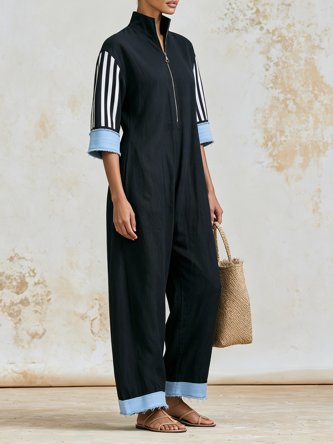 Women’s Black Sporty Linen-Blend Stand Collar Half-Zip Elbow Striped Loose Wide-Leg Full-Length Jumpsuit With Frayed Denim Cuffs