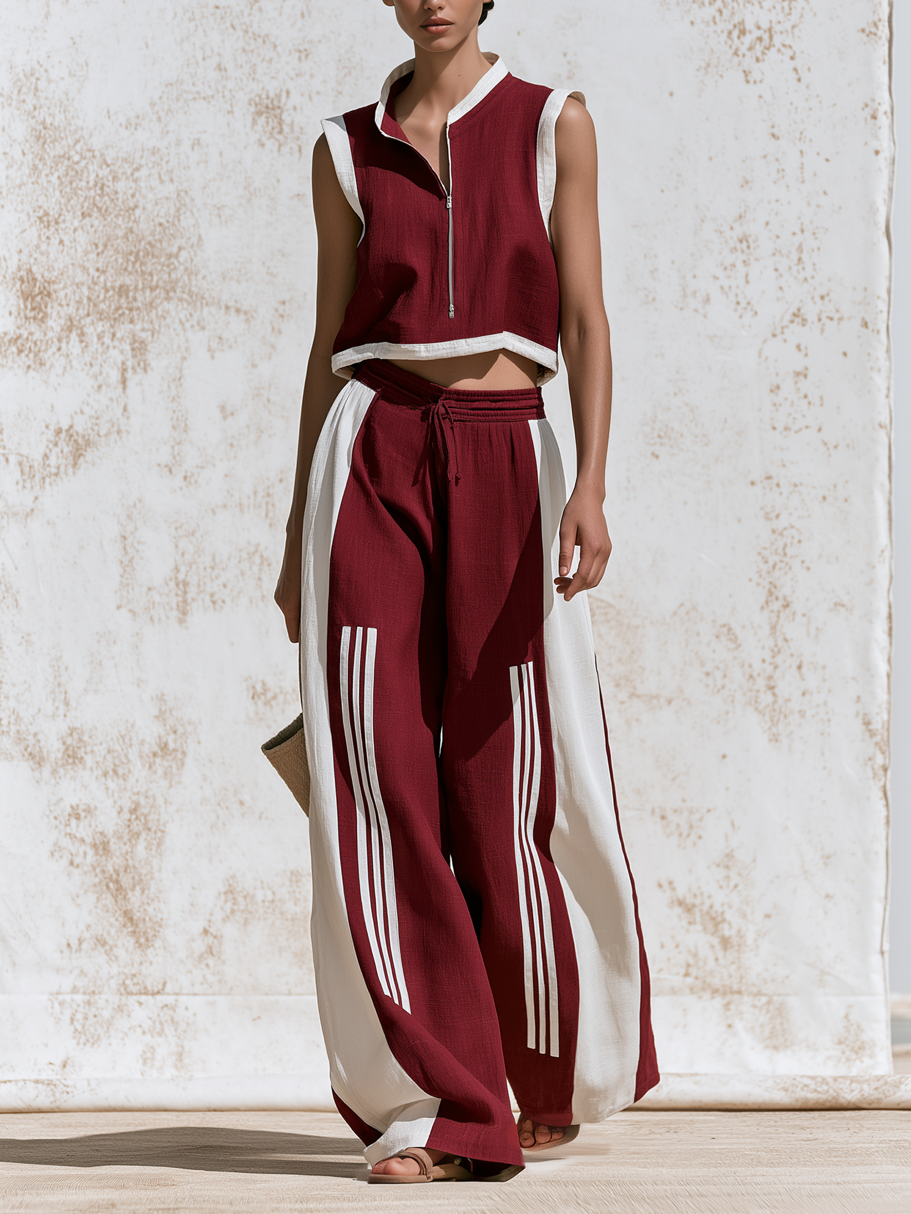 Women’s Burgundy Boho Sporty Cotton-Linen Stand Collar Sleeveless Zip Cropped Vest Wide Leg Pants Set