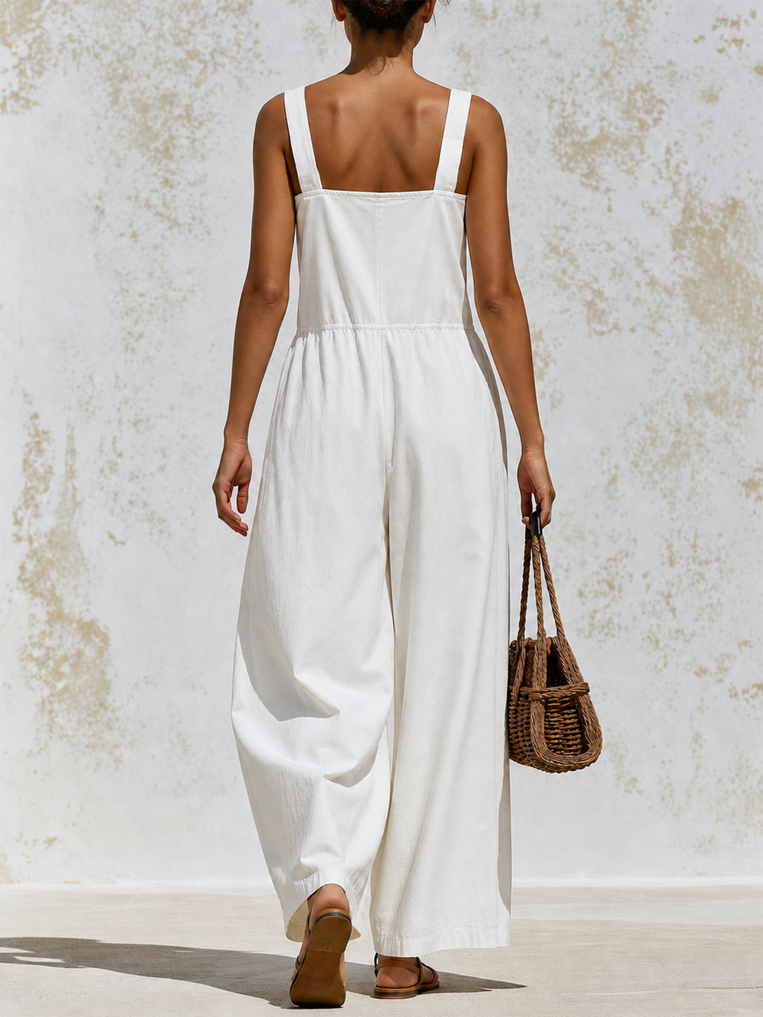 Women’s White Utility Cotton-Blend Square-Neck Sleeveless Relaxed Wide-Leg Jumpsuit