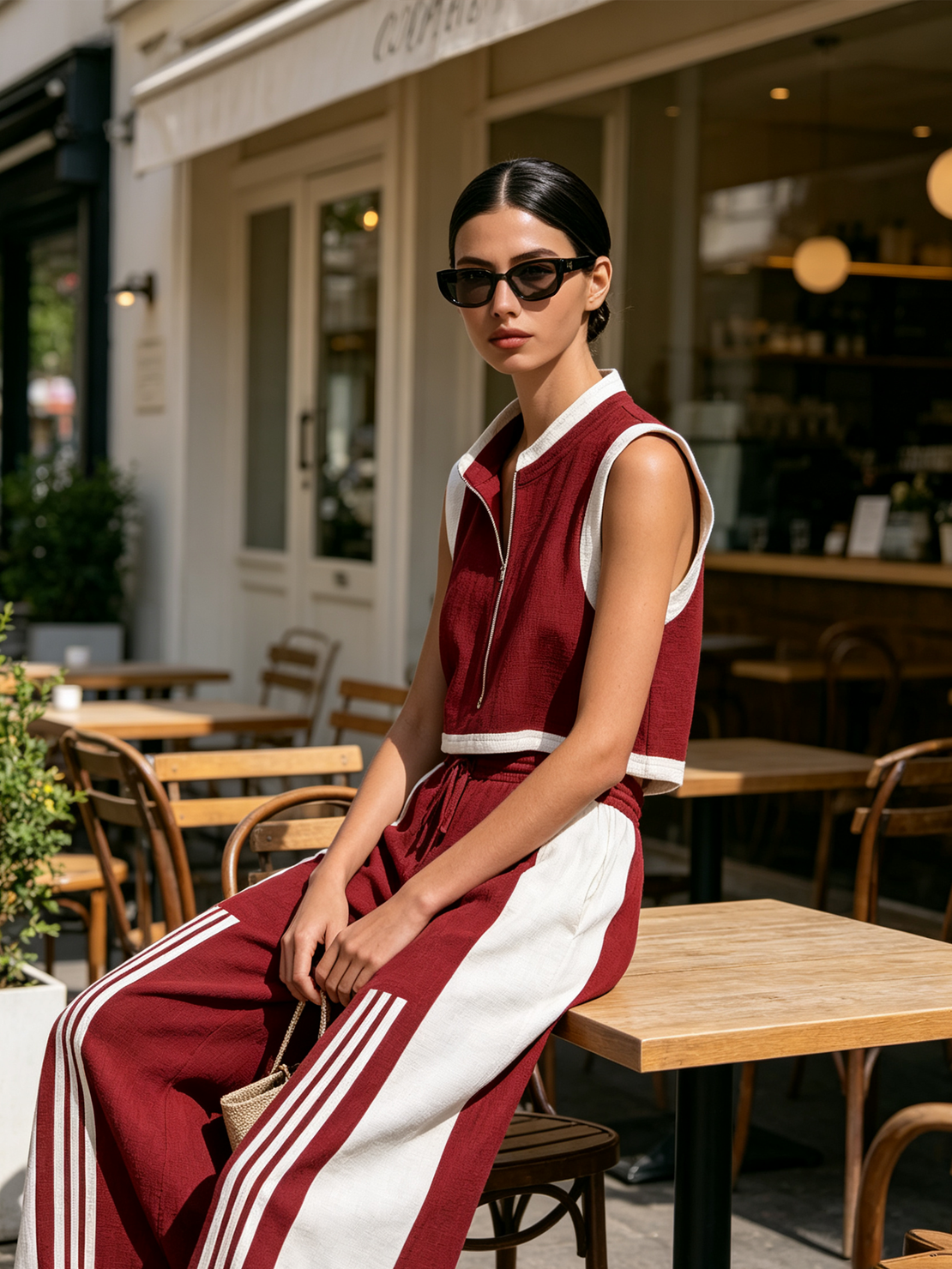 Women’s Burgundy Boho Sporty Cotton-Linen Stand Collar Sleeveless Zip Cropped Vest Wide Leg Pants Set