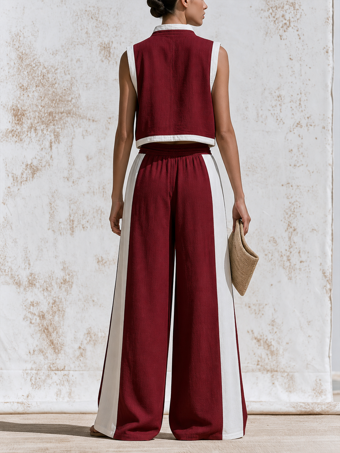 Women’s Burgundy Boho Sporty Cotton-Linen Stand Collar Sleeveless Zip Cropped Vest Wide Leg Pants Set