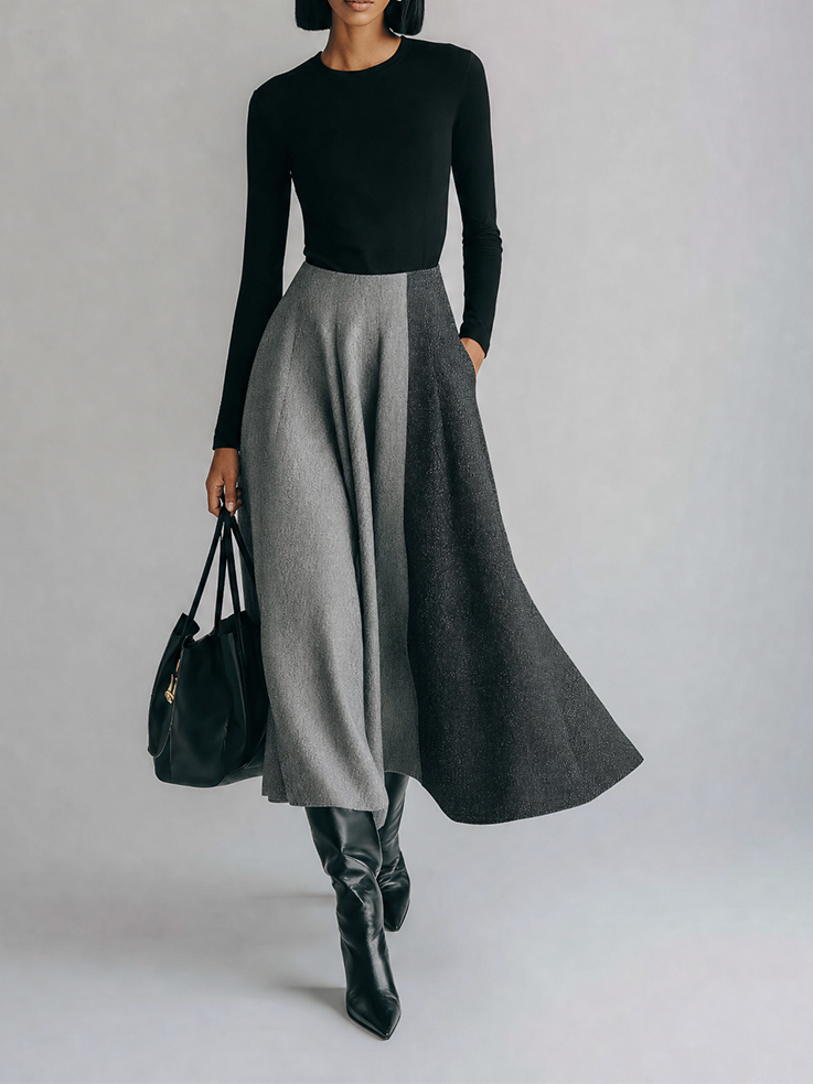 Women’s Black and Gray Minimalist Knit-Woven Round-Neck Long Sleeve Slim Midi Dress