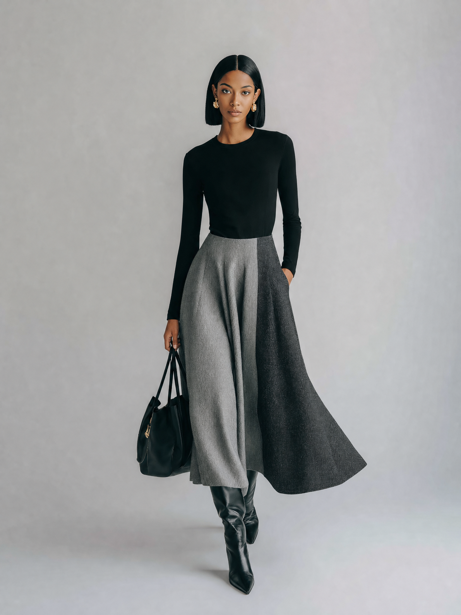 Women’s Black and Gray Minimalist Knit-Woven Round-Neck Long Sleeve Slim Midi Dress