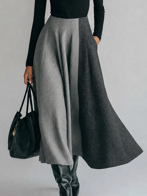 Women’s Black and Gray Minimalist Knit-Woven Round-Neck Long Sleeve Slim Midi Dress