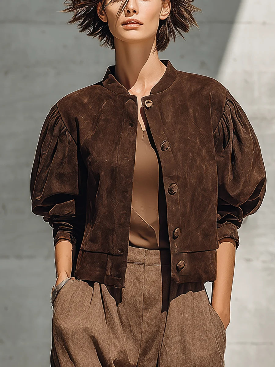Women's Brown Vintage Suede Puff Sleeve Jacket