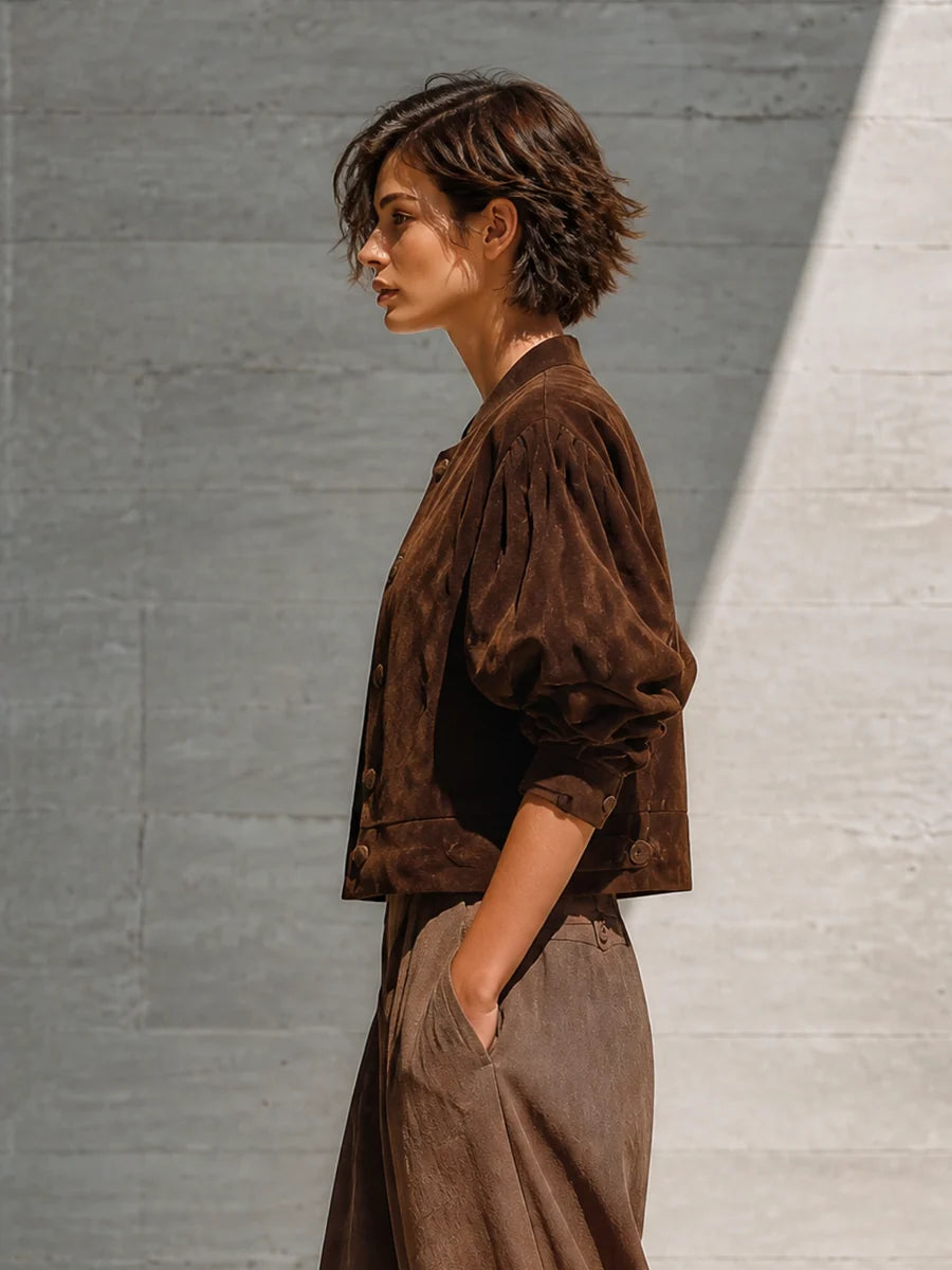Women's Brown Vintage Suede Puff Sleeve Jacket