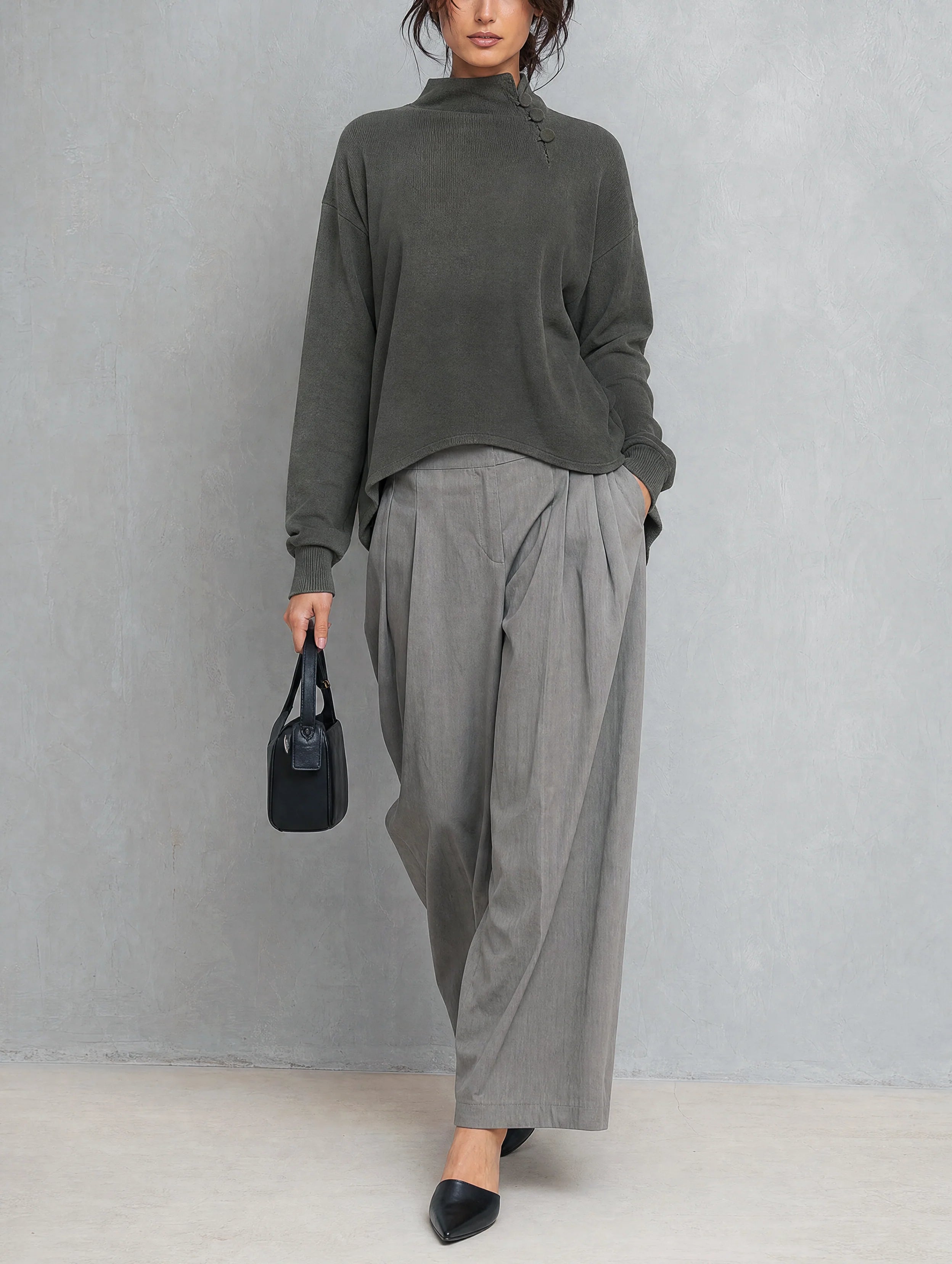 Women's Casual Dark Grey Woven Long-Sleeve Top And Grey Woven Trousers Two-Piece Set