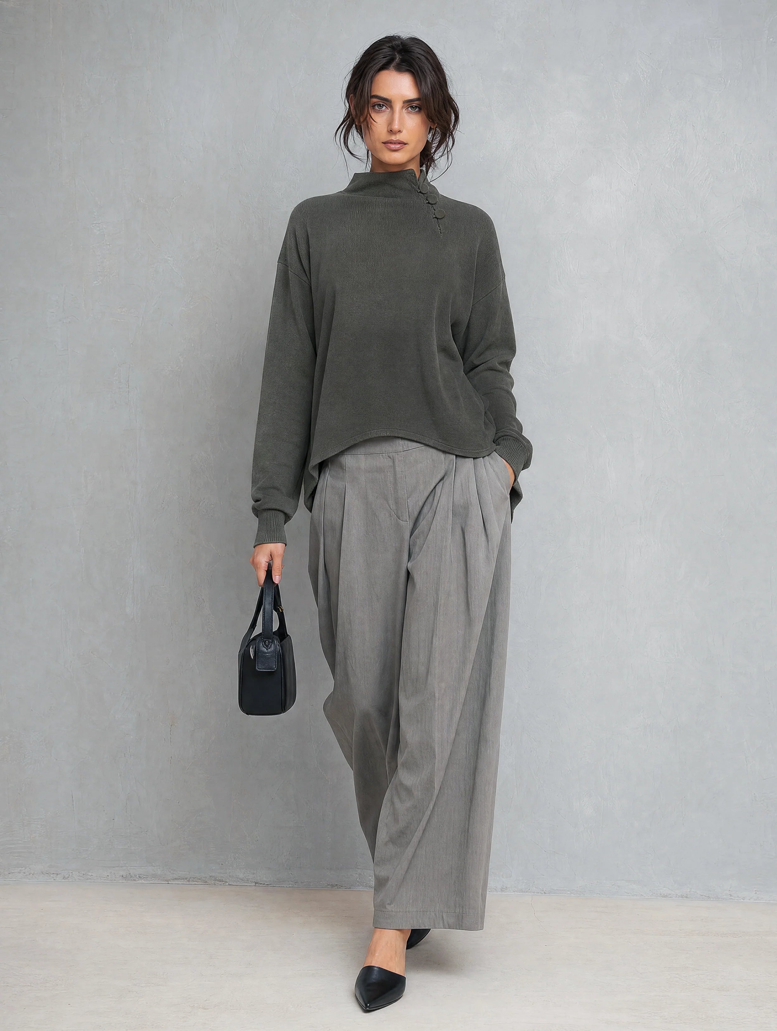 Women's Casual Dark Grey Woven Long-Sleeve Top And Grey Woven Trousers Two-Piece Set