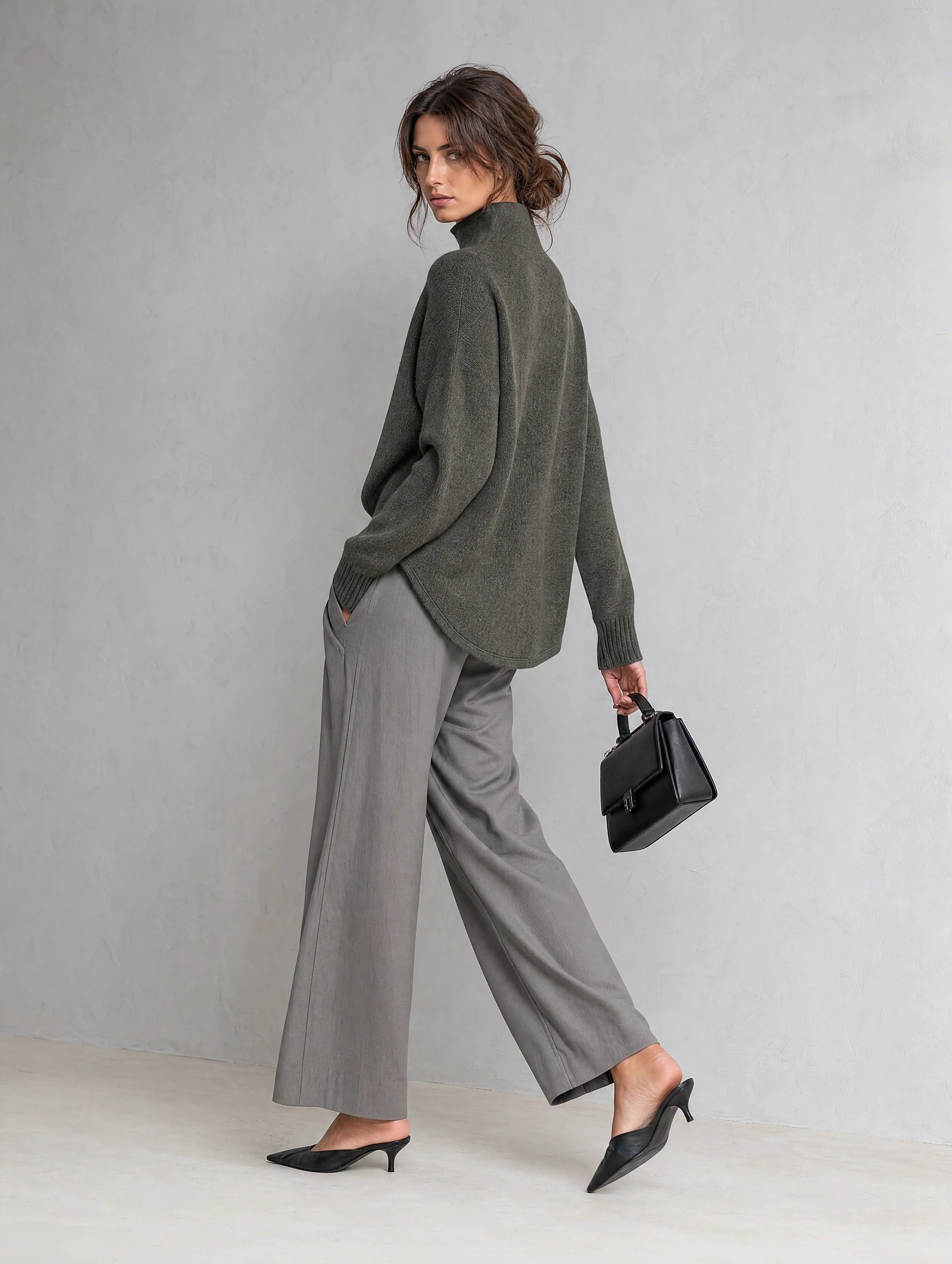 Women's Casual Dark Grey Woven Long-Sleeve Top And Grey Woven Trousers Two-Piece Set