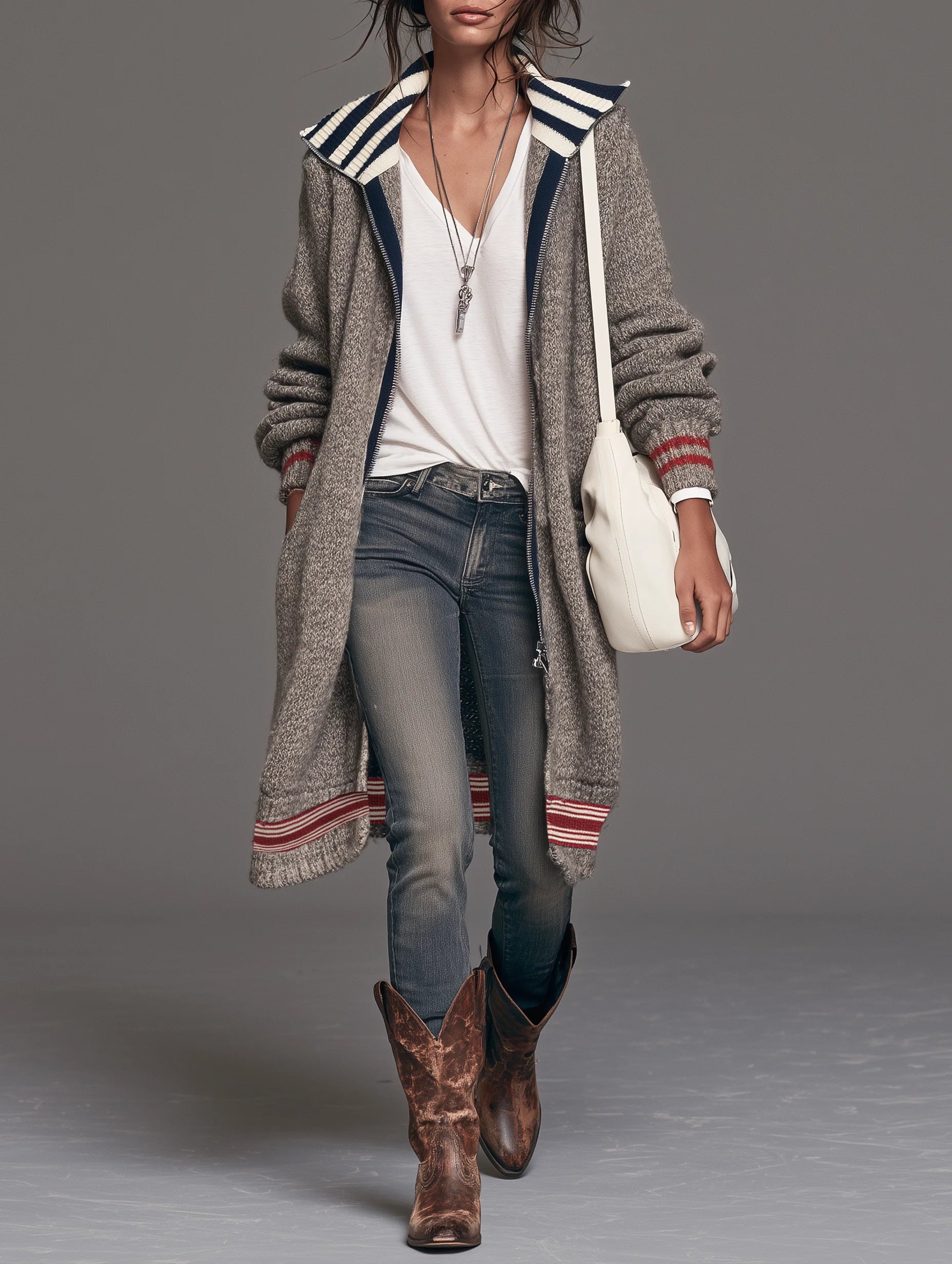 Women’s Gray Casual Knit Hooded Long Sleeve Cardigan
