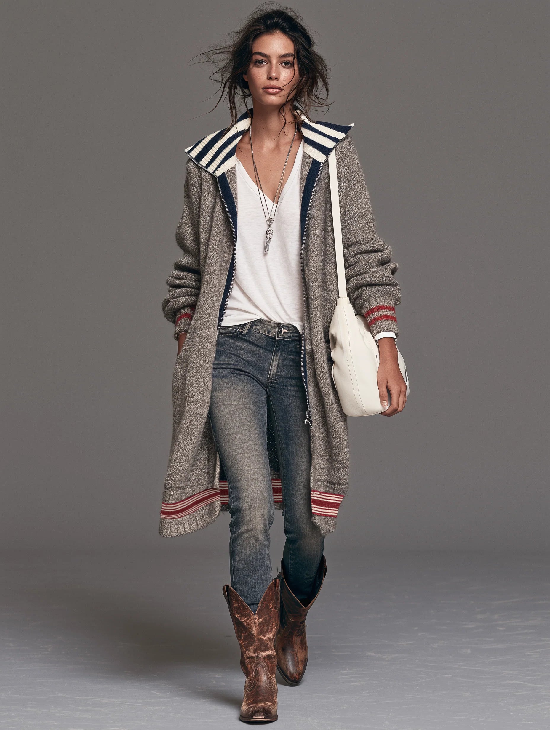 Women’s Gray Casual Knit Hooded Long Sleeve Cardigan