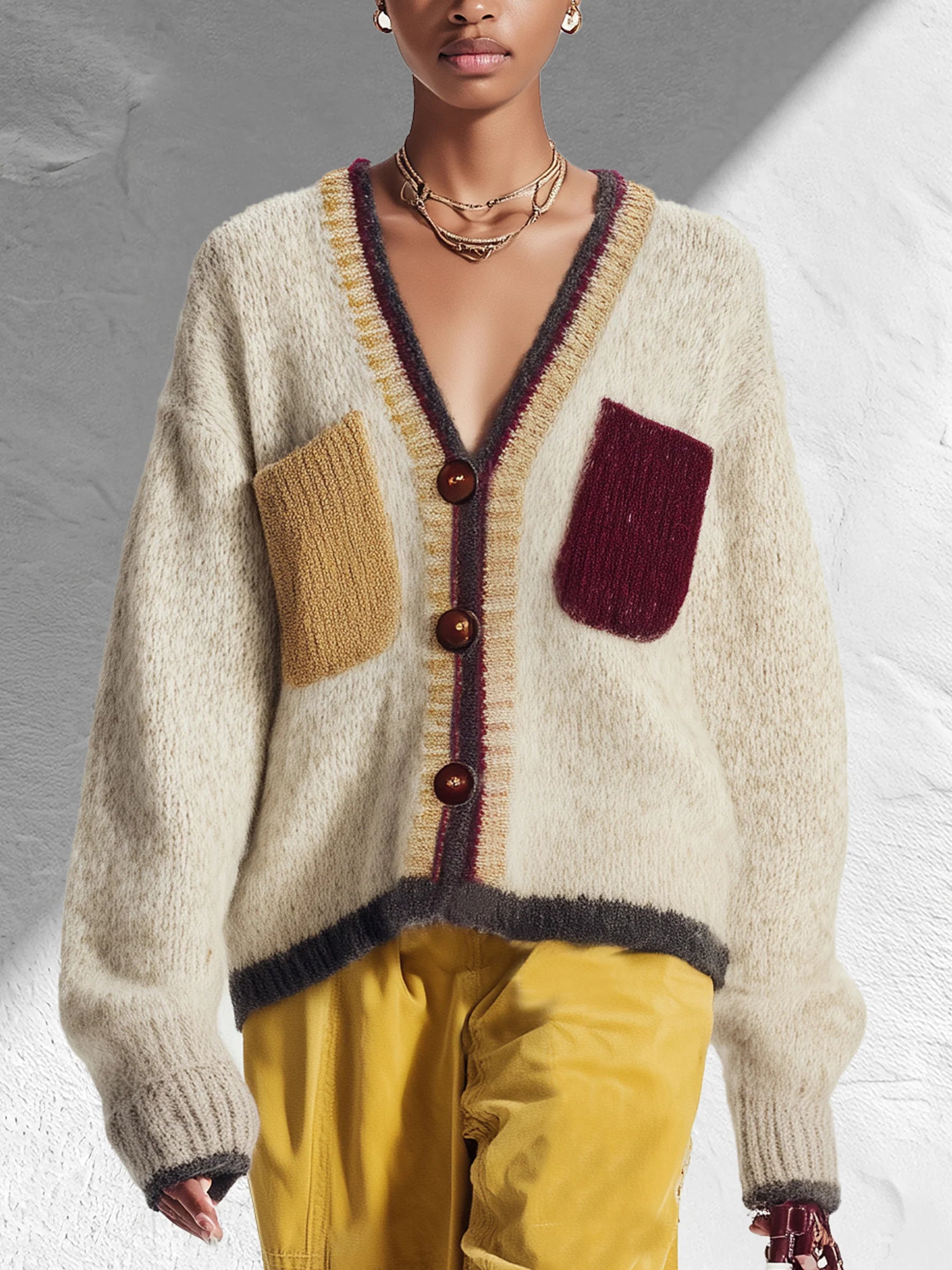 Women’s Ivory Casual Knit V Neck Long Sleeve Relaxed Fit Cardigan Sweater with Contrast Pocket Detail