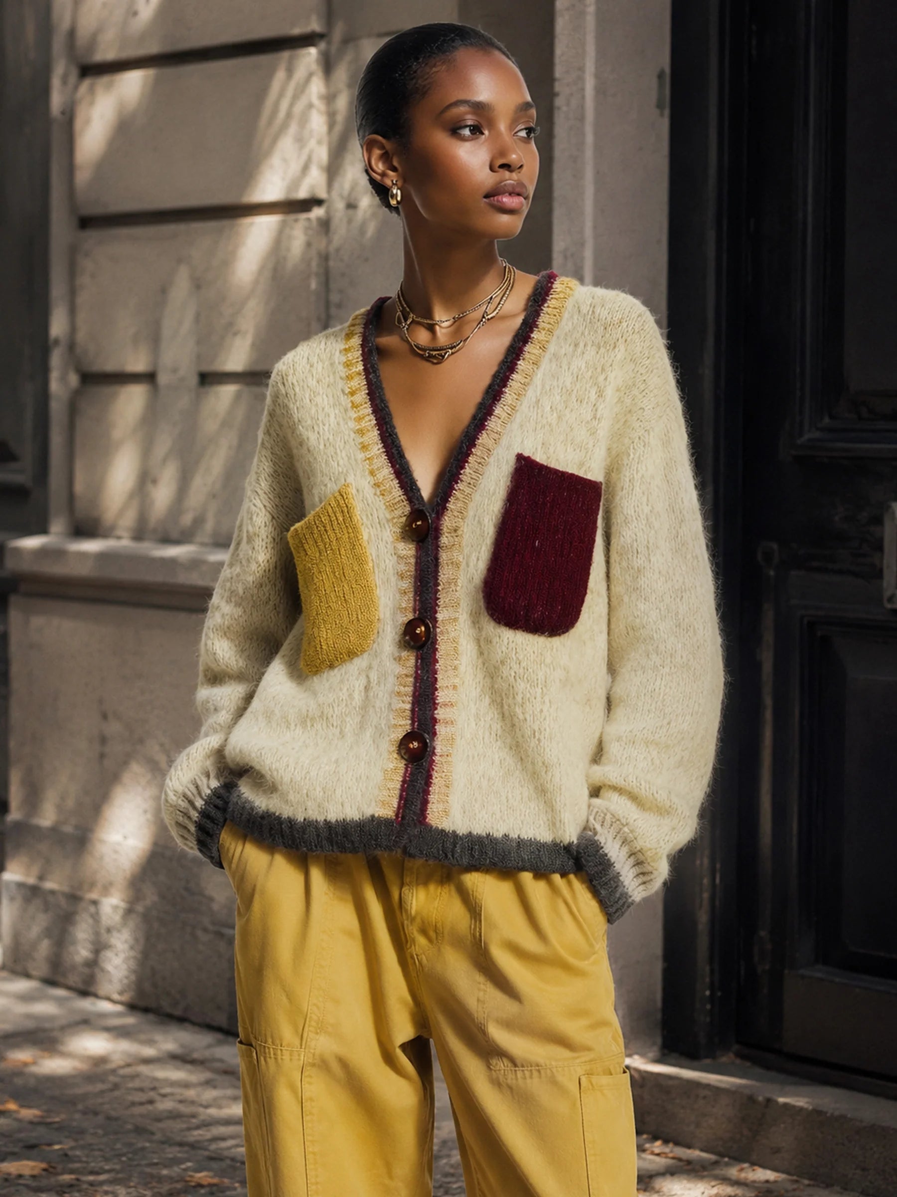 Women’s Ivory Casual Knit V Neck Long Sleeve Relaxed Fit Cardigan Sweater with Contrast Pocket Detail