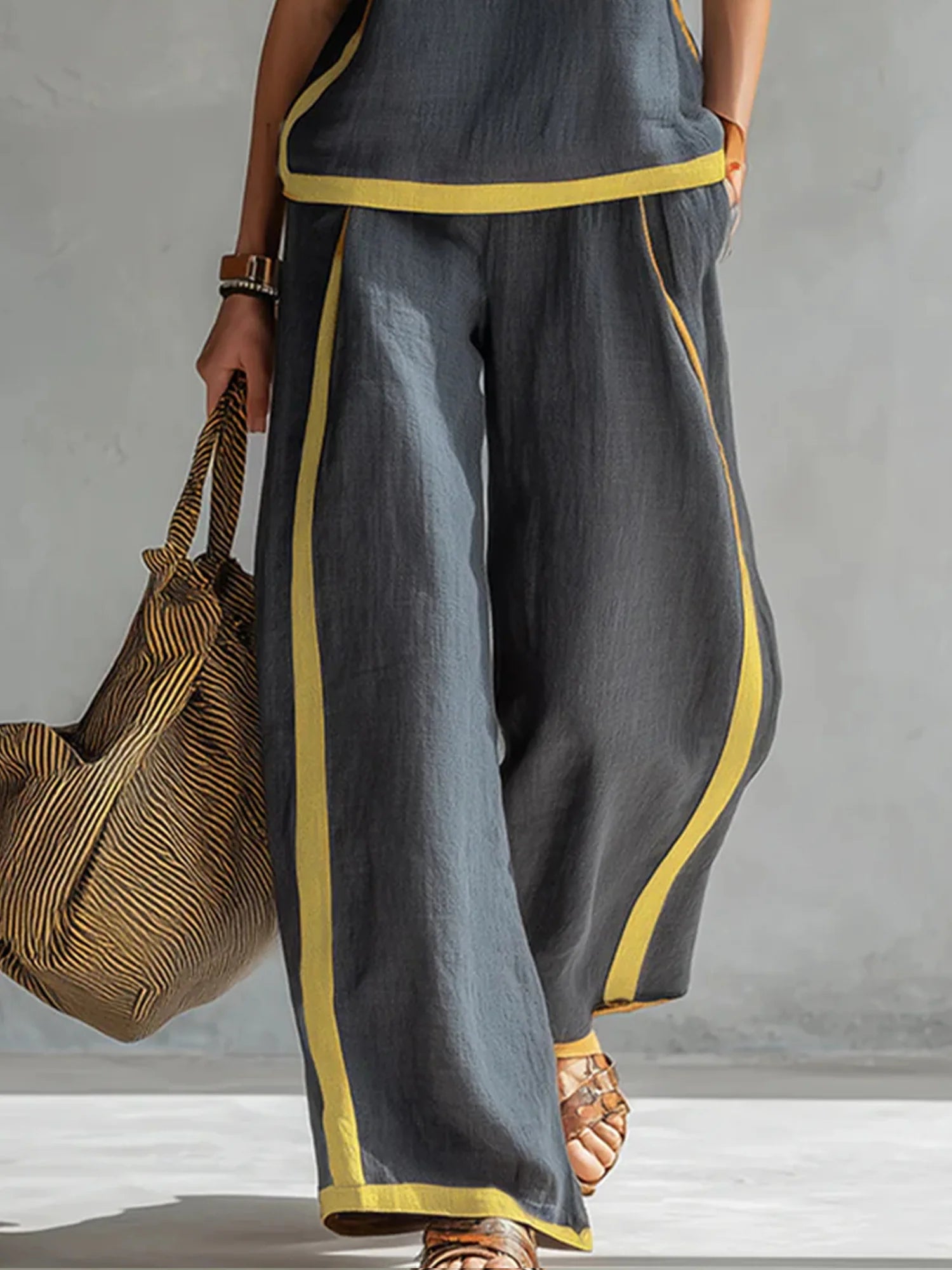 Women’s Gray Casual Cotton-Linen Blend Crew Neck Sleeveless Regular Full-Length Pants Set with Contrast Trim