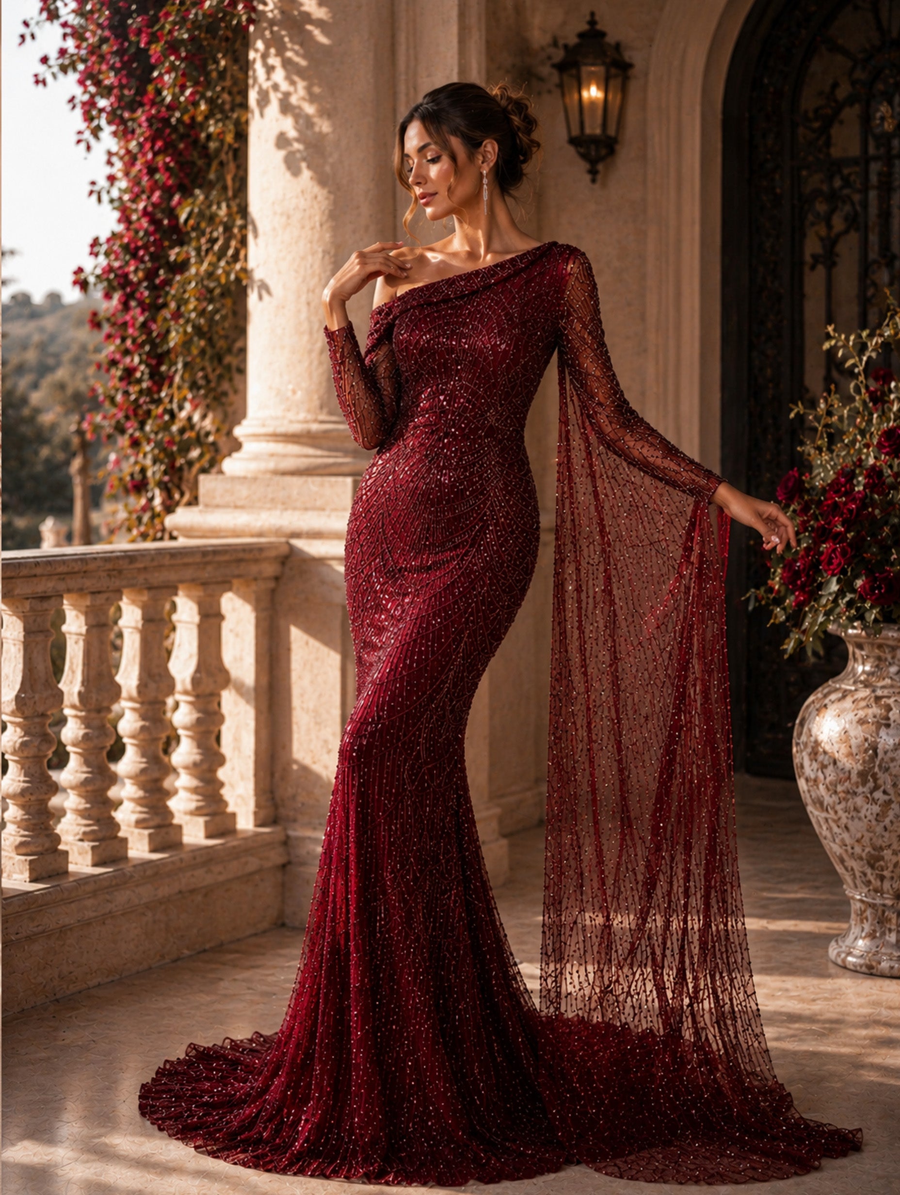 Women’s Elegant Sequin Asymmetrical Neck One Long Sleeve Regular Mermaid Maxi Dress with Beaded Detail