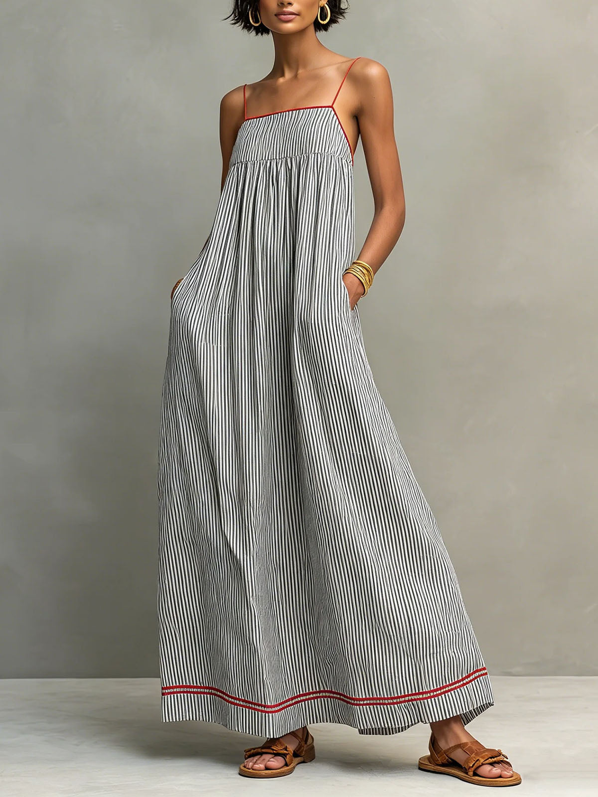 Women’s Blue Striped Coastal Blend Square Neck Spaghetti Strap Relaxed Maxi Dress