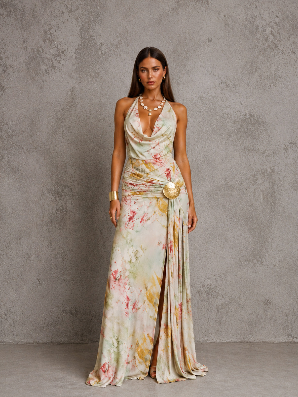 Women’s Floral Print Elegant Halter Neck Ruched Split Maxi Dress