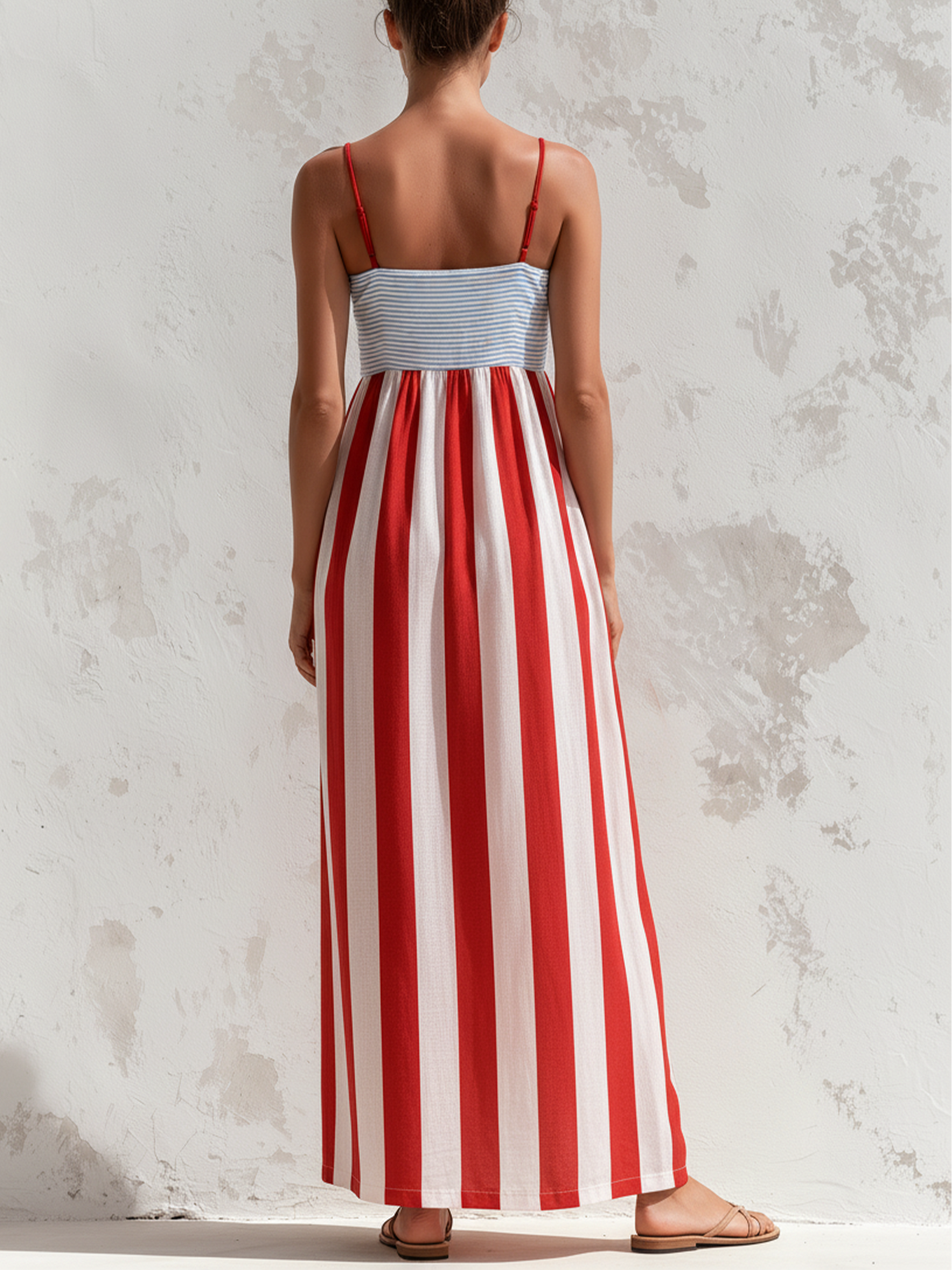 Women’s Red Resort Textured Linen Sweetheart Neck Spaghetti Strap Loose Maxi Dress with Contrast Bust and Stripe Print