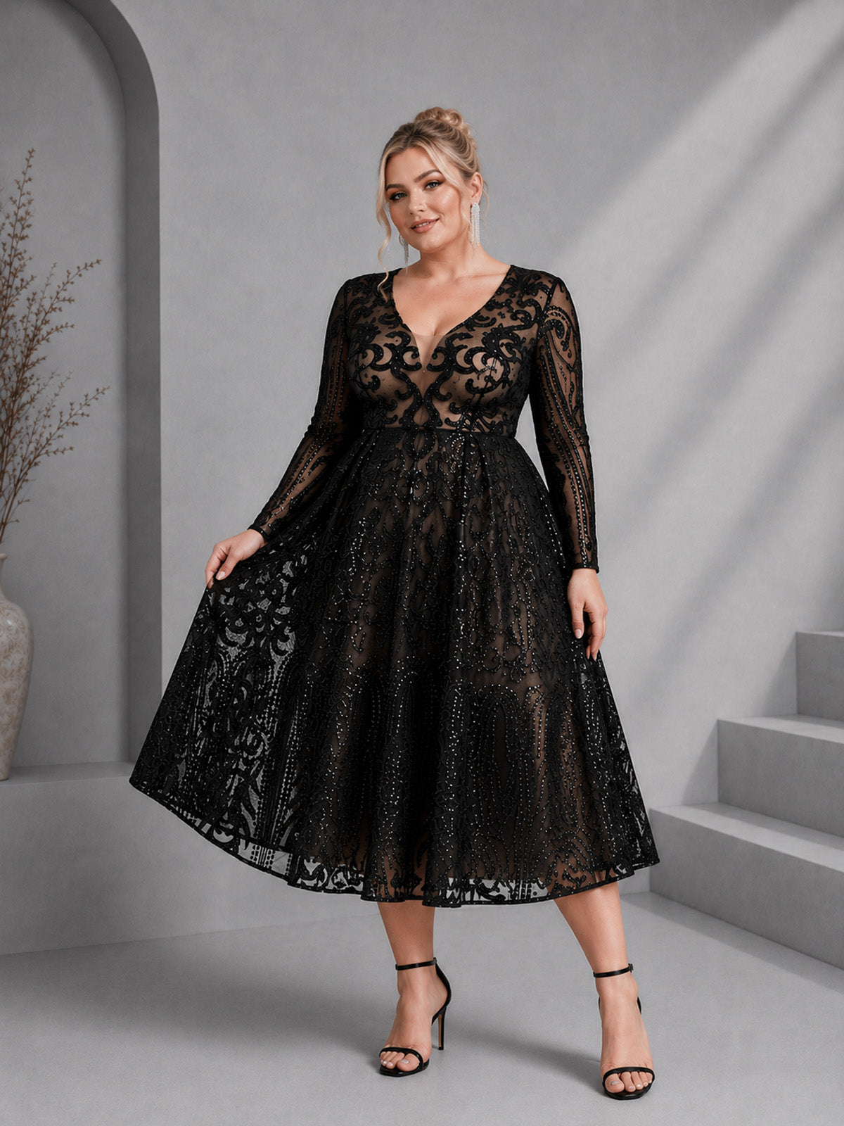 Women’s Black Luxe Sequin Mesh V Neck Long Sleeve A-Line Midi Dress