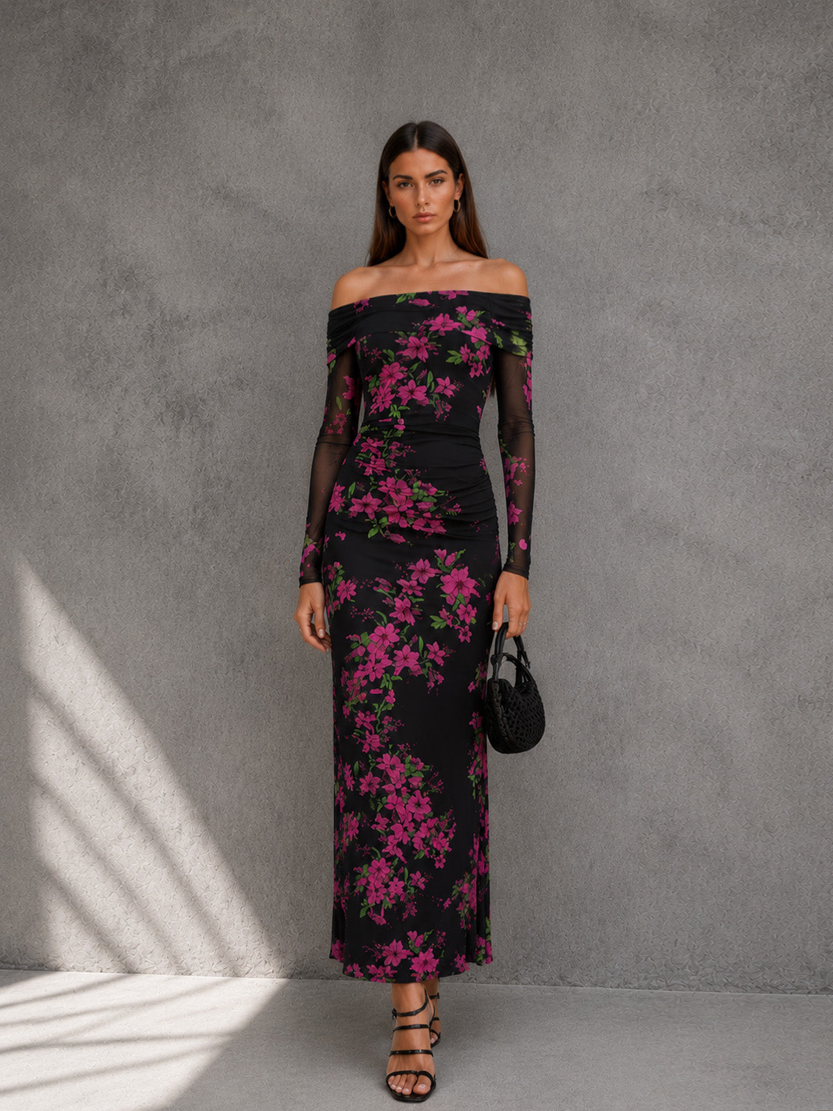 Women’s Floral Mesh Off-Shoulder Long Sleeve Slim Maxi Dress
