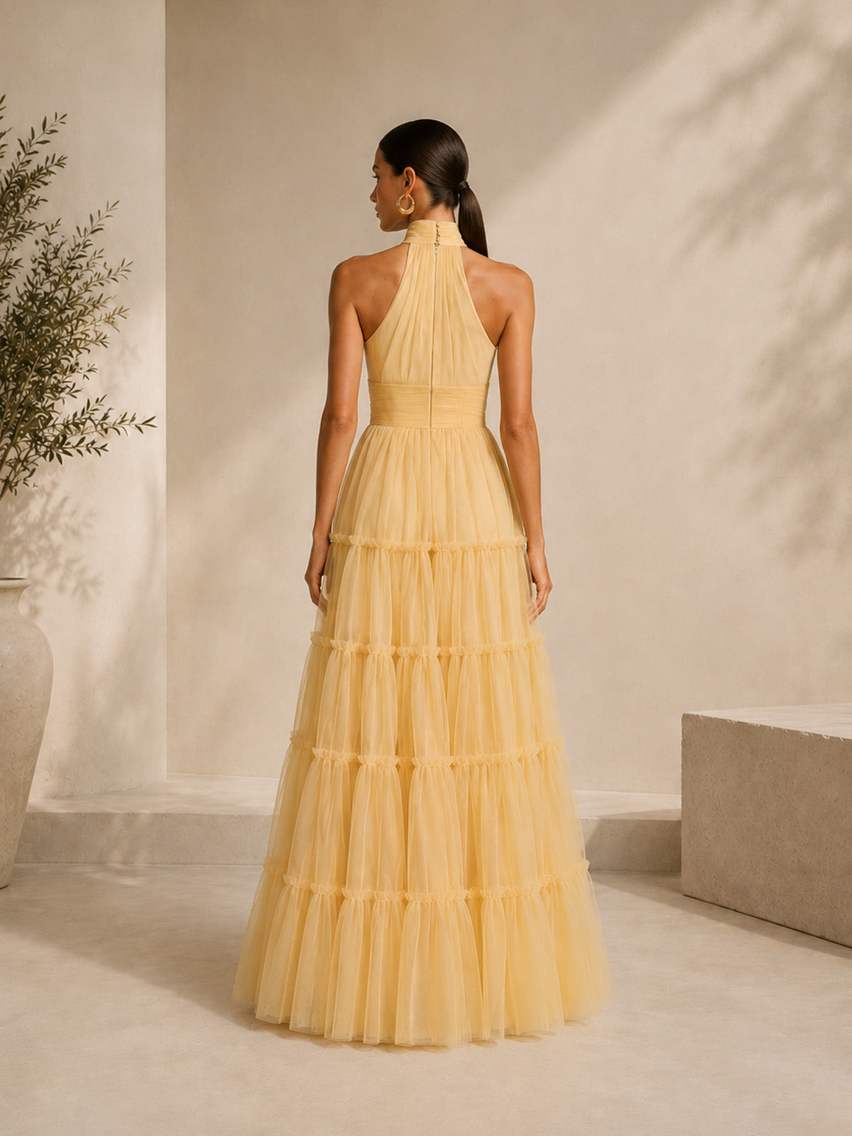 Women’s Yellow Multi-Layer Tuller Halter Neck Sleeveless Flowy Maxi Dress