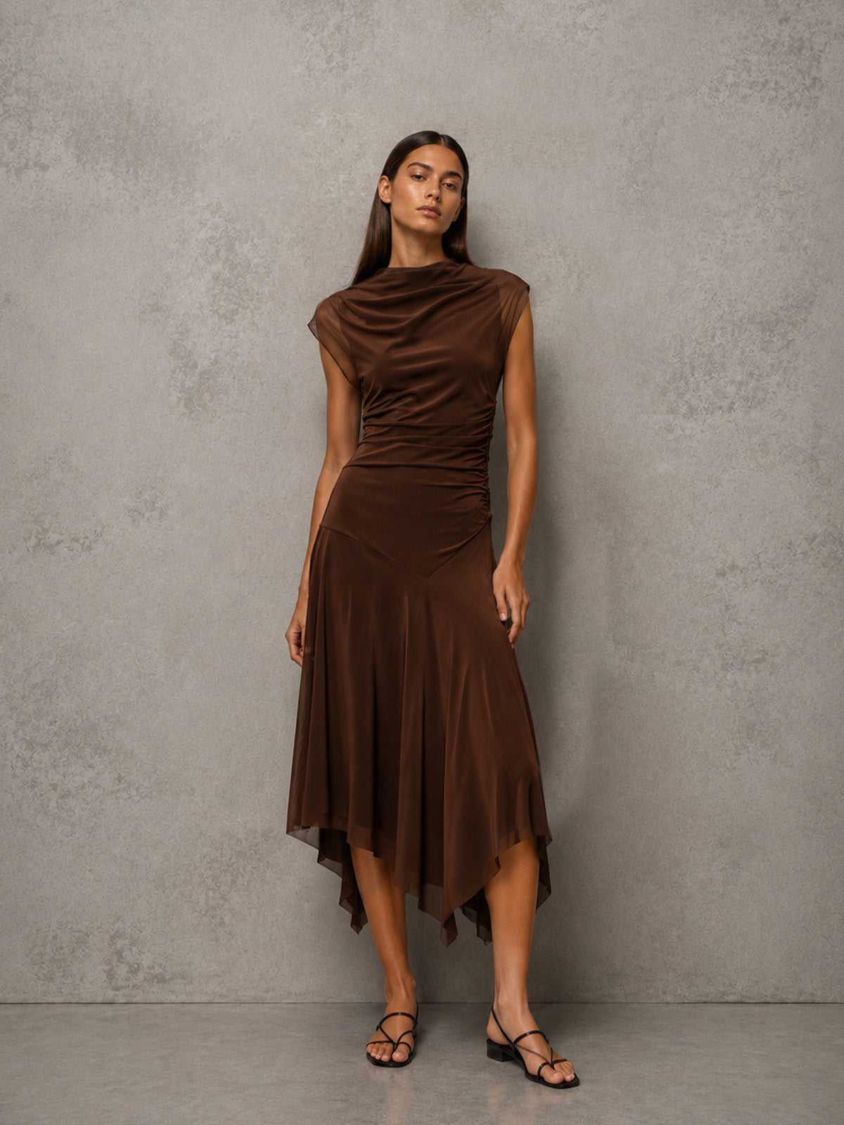 Women’s Black Sophisticated Draped Fabric High Neck Sheer Short Sleeve A-Line Midi Dress with Asymmetric Hem
