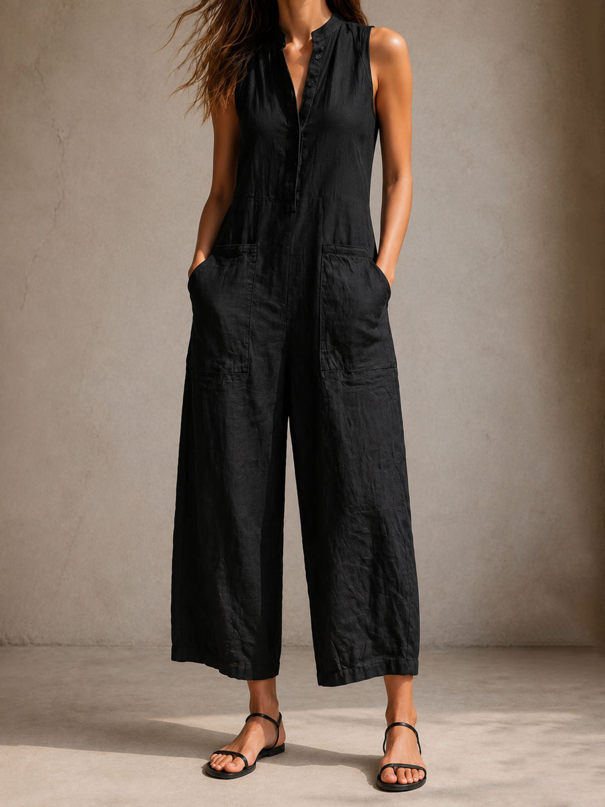 Women’s Black Casual Chic Linen-Blend Mandarin Collar Sleeveless Wide-Leg Ankle Jumpsuit