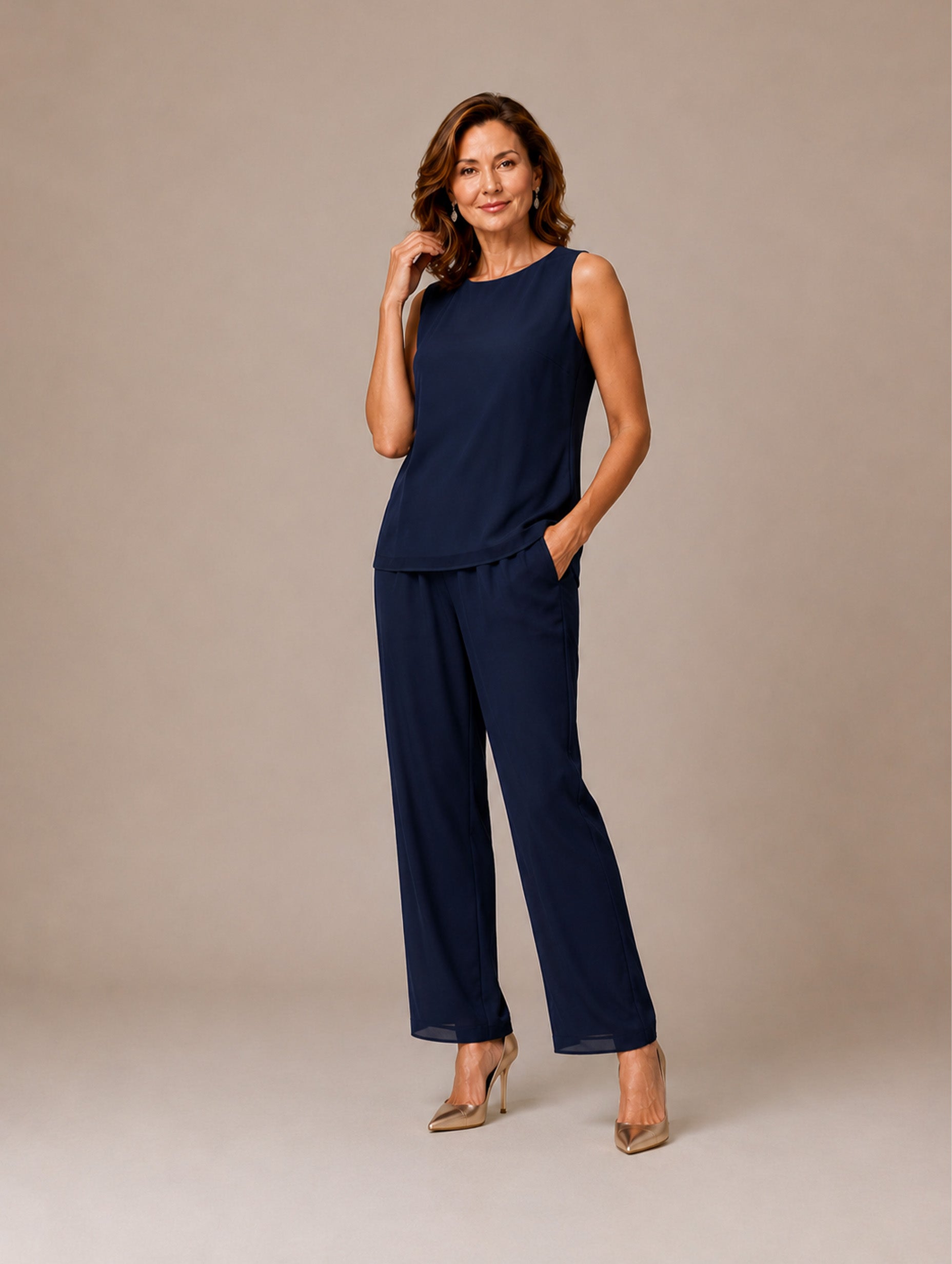 Damen elegantes Chiffon-Blazer-Set mit U-Boot-Ausschnitt, 3/4-Arm, regulärer Bodenlänge und Rüschenjacke, 3-teilig