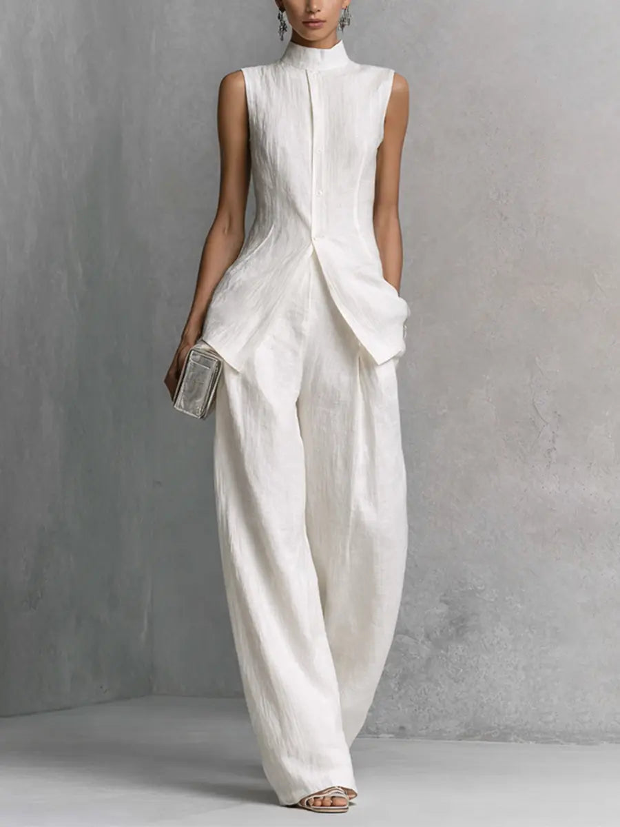 Women’s Multi-Color Elegant Cotton-Linen Stand-Collar Sleeveless Relaxed Wide-Leg Pants Set