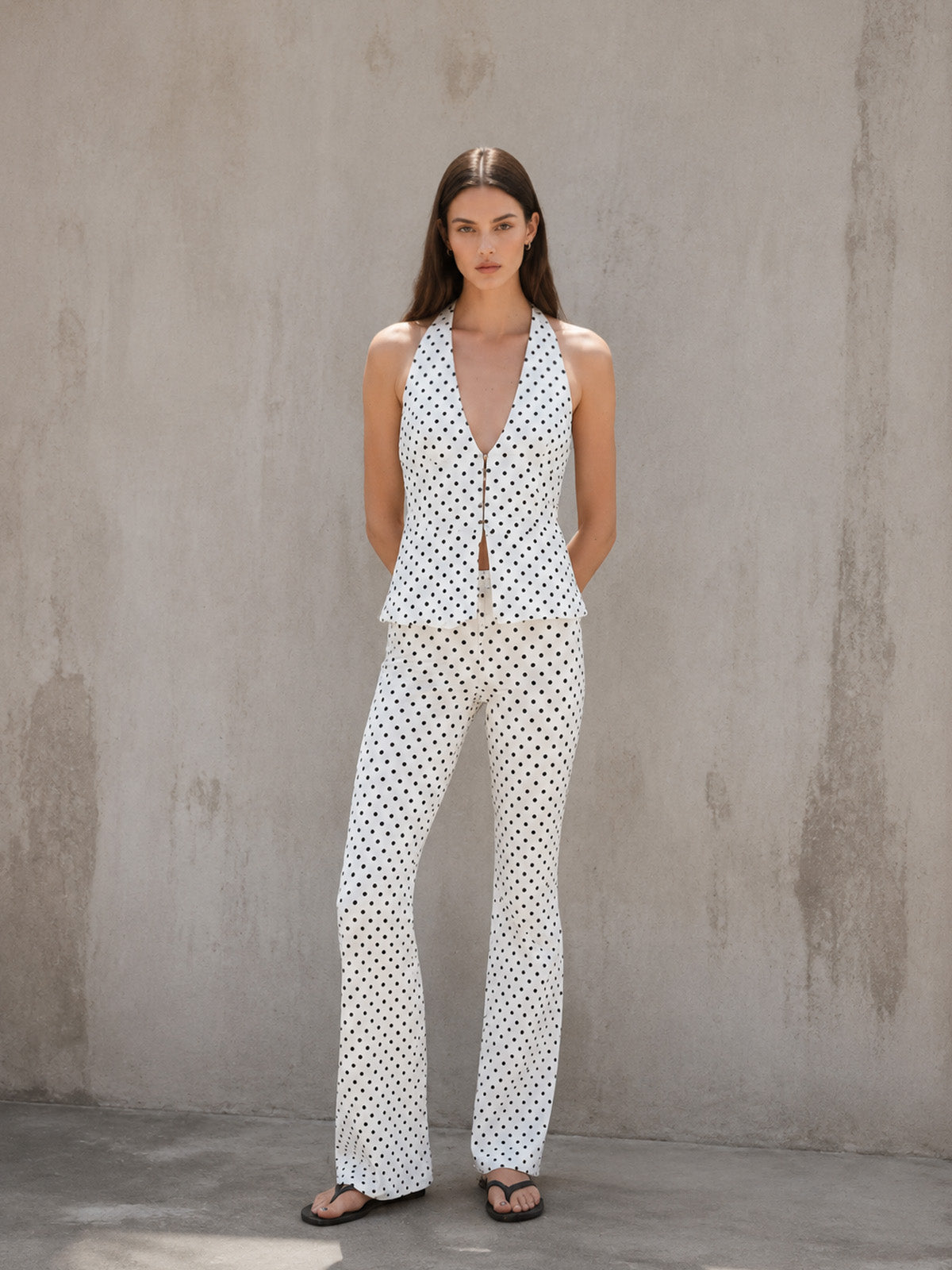 Women’s White Polka Dot Halter Neck Wide Leg Pants Set