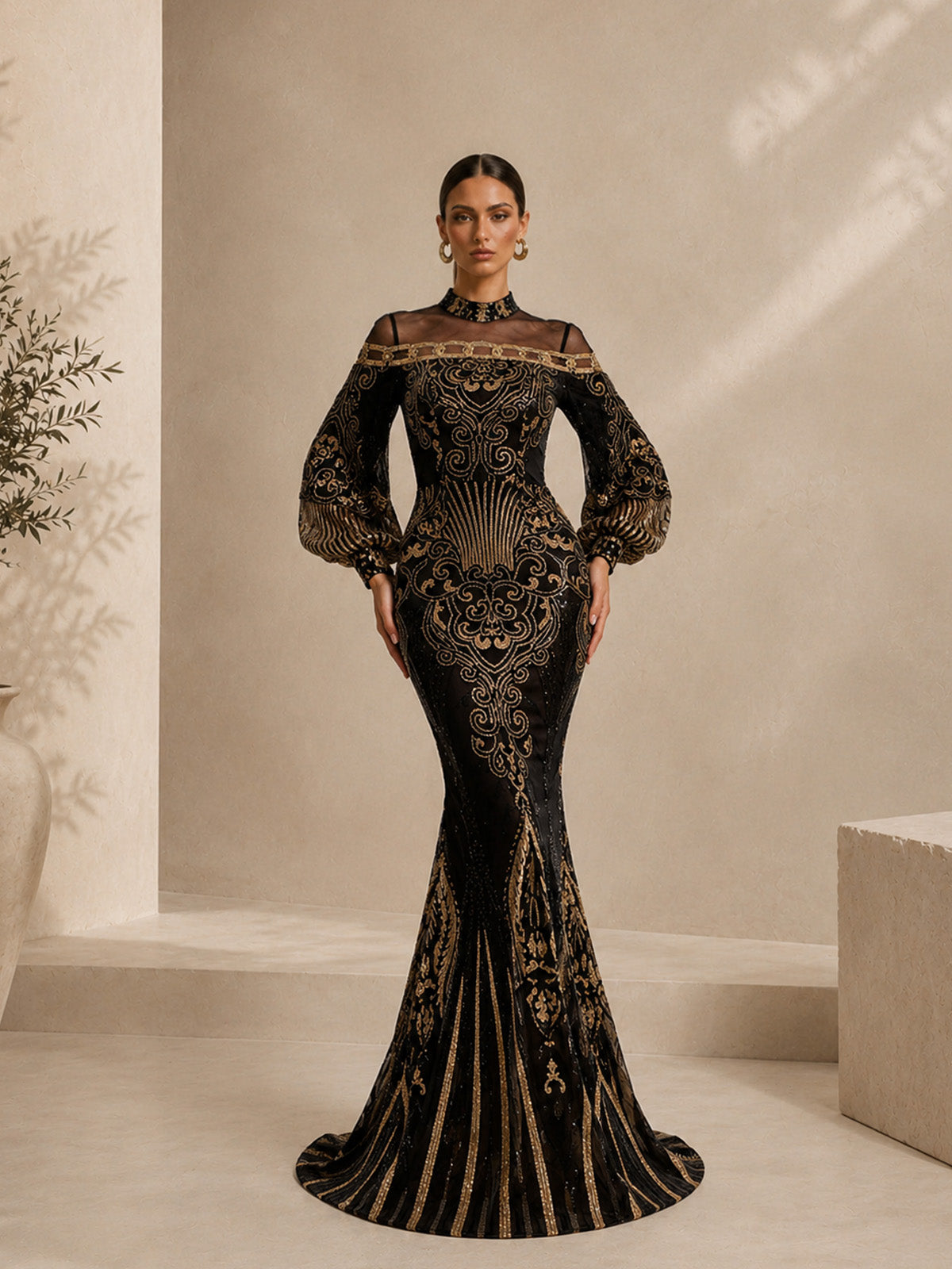 Women’s Black Luxe Embroidered Mesh High Neck Long Sleeve Mermaid Maxi Dress