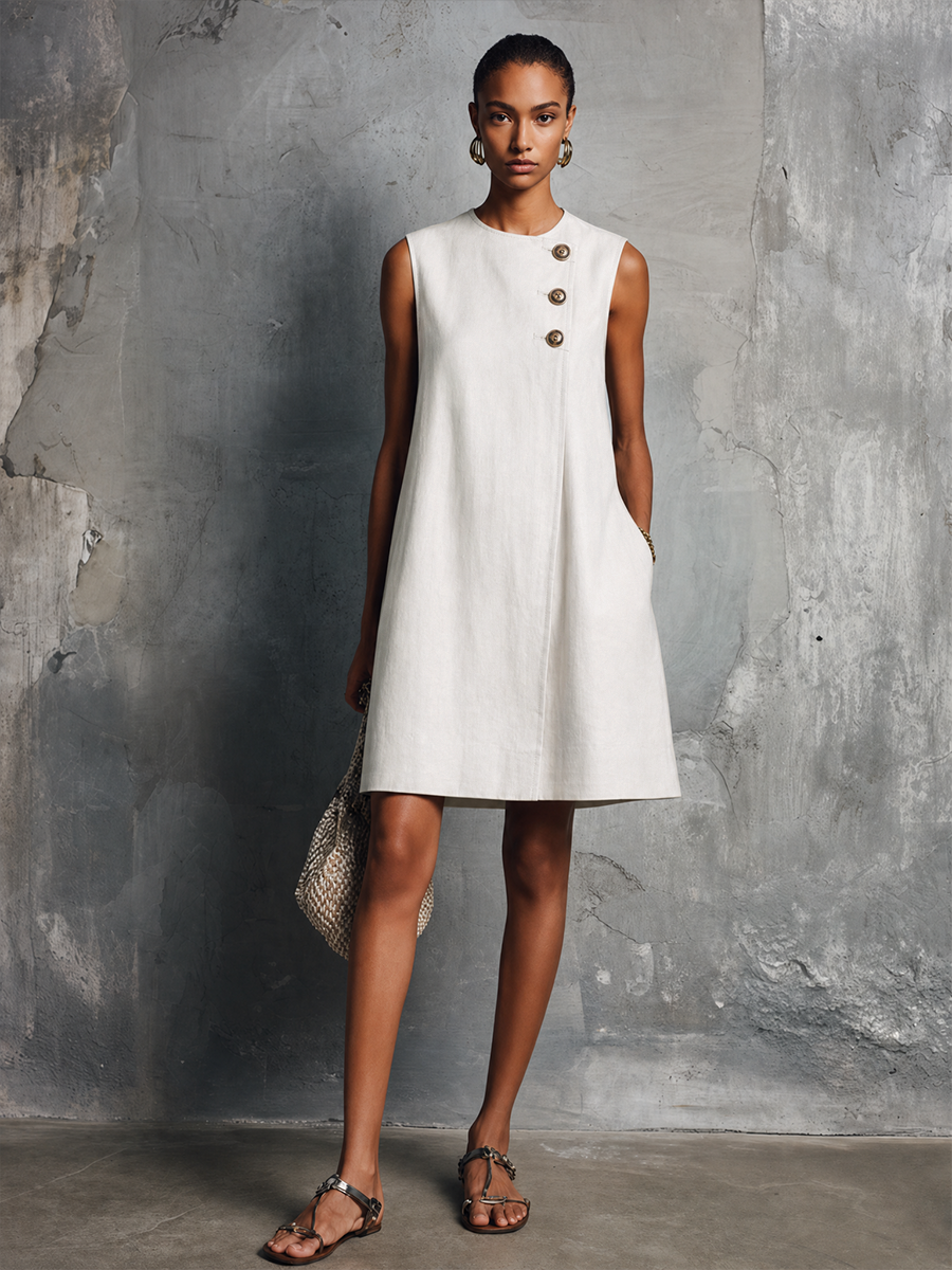 Women’s Blue Khaki and White Minimalist Linen Round-Neck Sleeveless Relaxed Mini Daily Dress